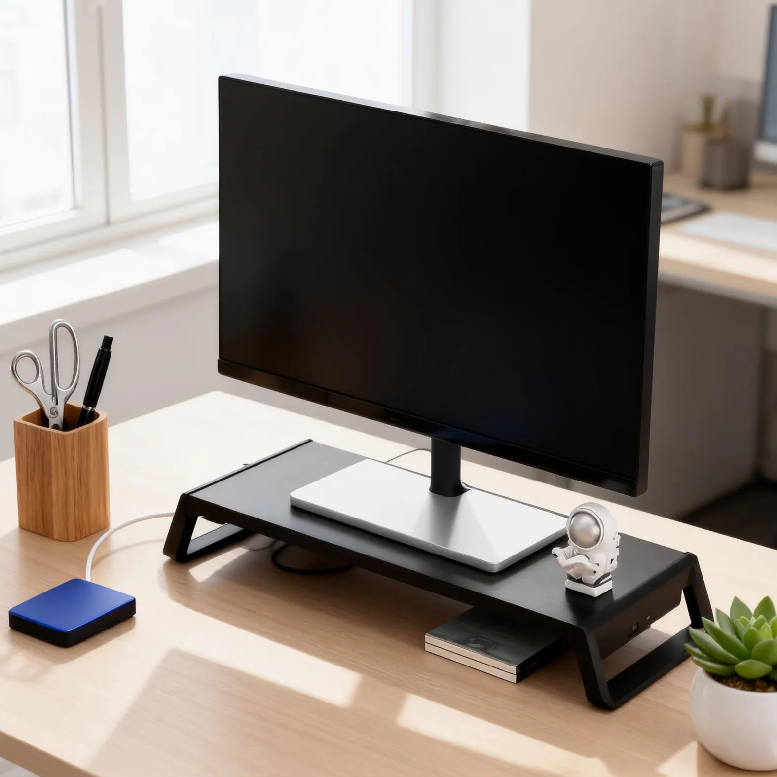 Supporto per monitor in legno con hub USB, scrivania da ufficio con 4 porte USB, perfetto per casa, scuola, appartamento e dormitorio, supporto ergonomico per monitor PC