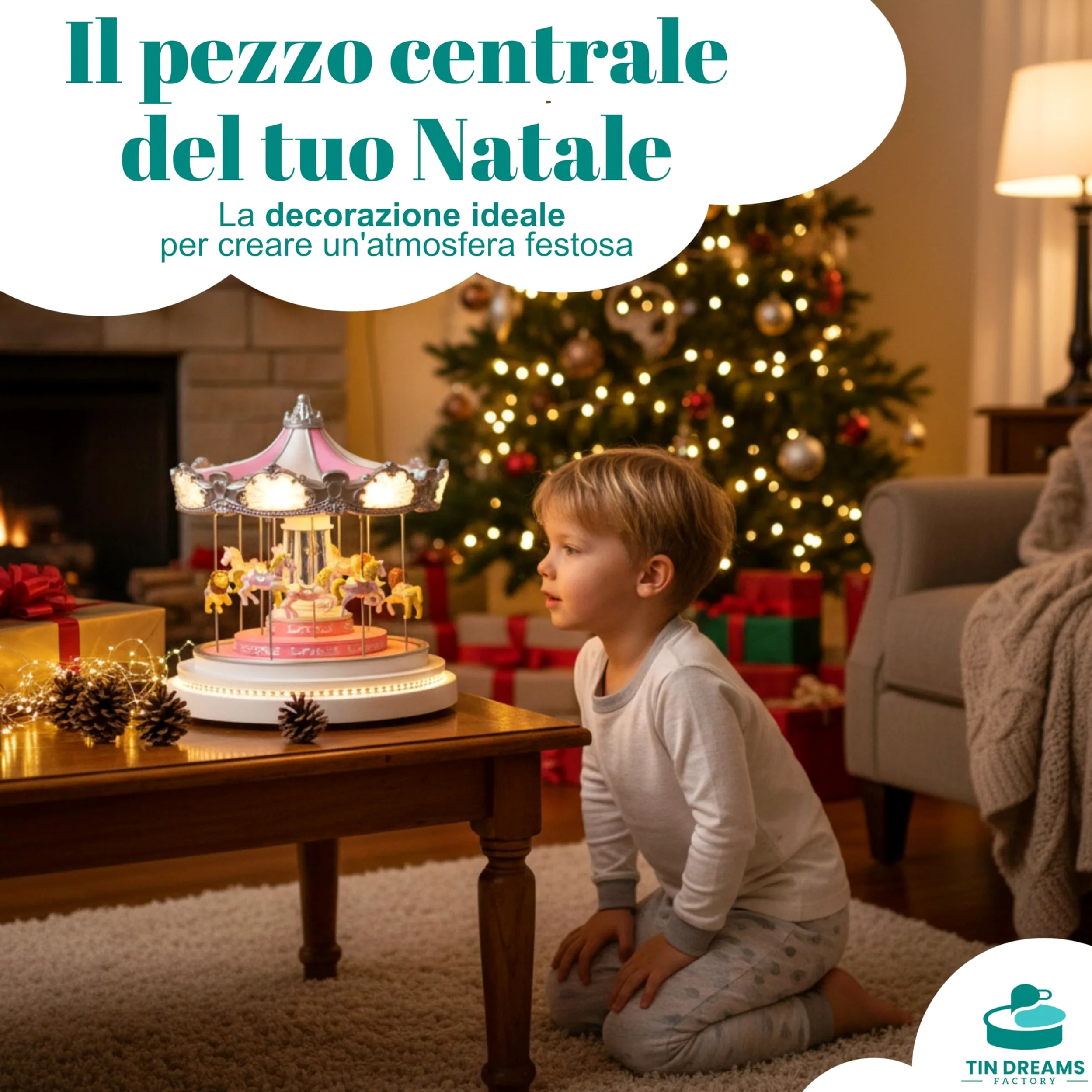 Tin Dreams| Giostra Natalizia Grande con Movimento, Musica e Luci LED| Giostrina Musicale| Villaggio di Natale, Casette, Borgo Miniatura, Scena Animata Illuminata| Addobbo Decorazioni Natalizie