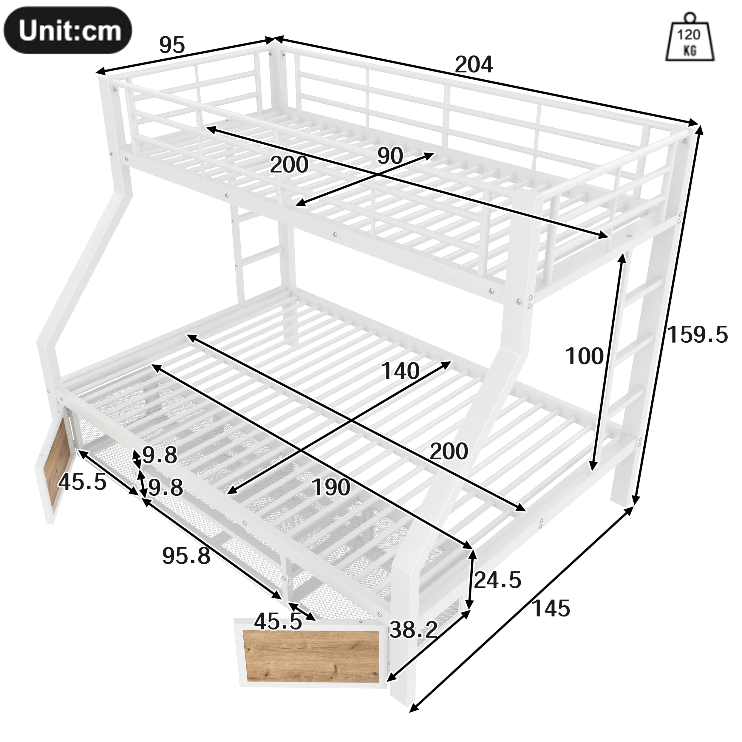 Soweiz Letto a castello 90 x 200 cm, 140 x 200 cm, culla con scarpiera, portaoggetti, ringhiere di sicurezza, scaletta, senza materasso (bianco)