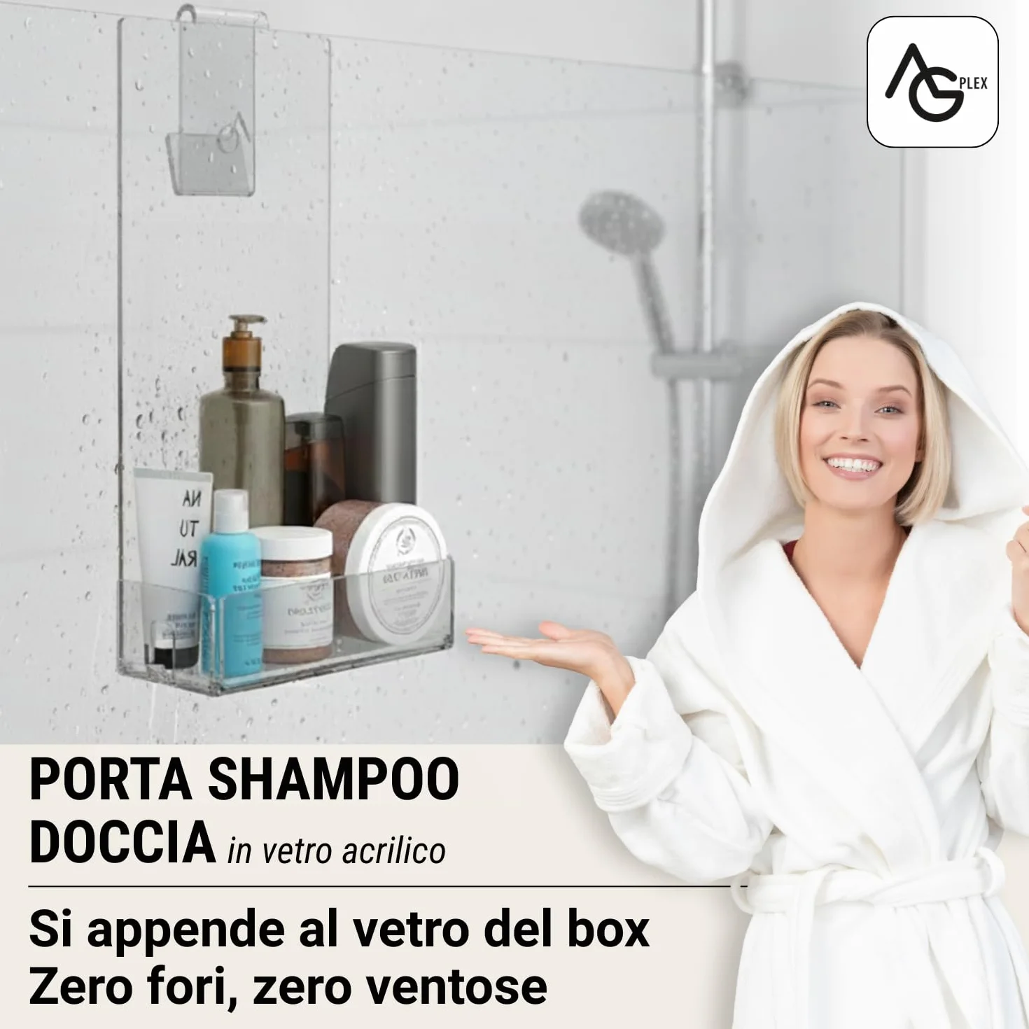 AGPLEX Porta Shampoo Doccia in Vetro Acrilico 24x20xh45 Mensola con Porta Asciugamani Organizer Bagno Made in Italy