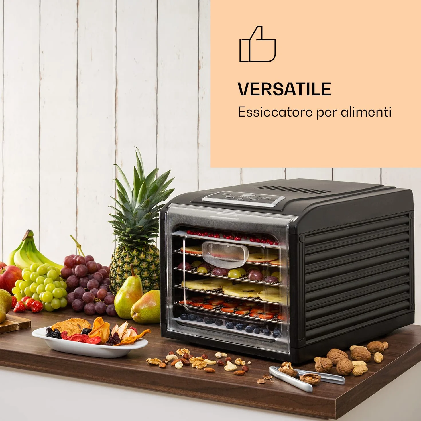 Klarstein Fruit Jerky Plus - Essiccatore Alimentare, Essicatore Alimenti, Frutta, Carne, Verdura, Temperatura Regolabile 35-70 °C, Rivestimento Antiaderente, 420-500 Watt, 6 Ripiani, Nero