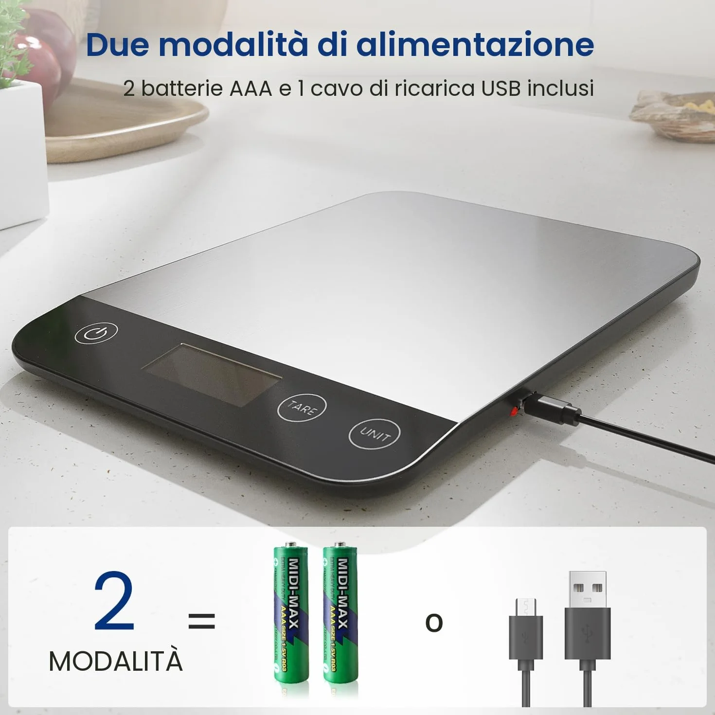 Bilancia Cucina Digitale Ricaricabile 15KG USB C Alta Precisione 1g/0.1oz Funzione Tare