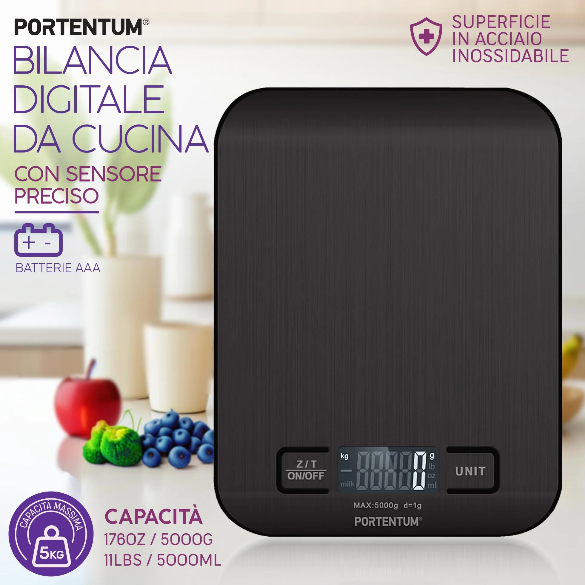 PORTENTUM Bilancia da Cucina Acciaio Inossidabile 5 kg LCD, Nero