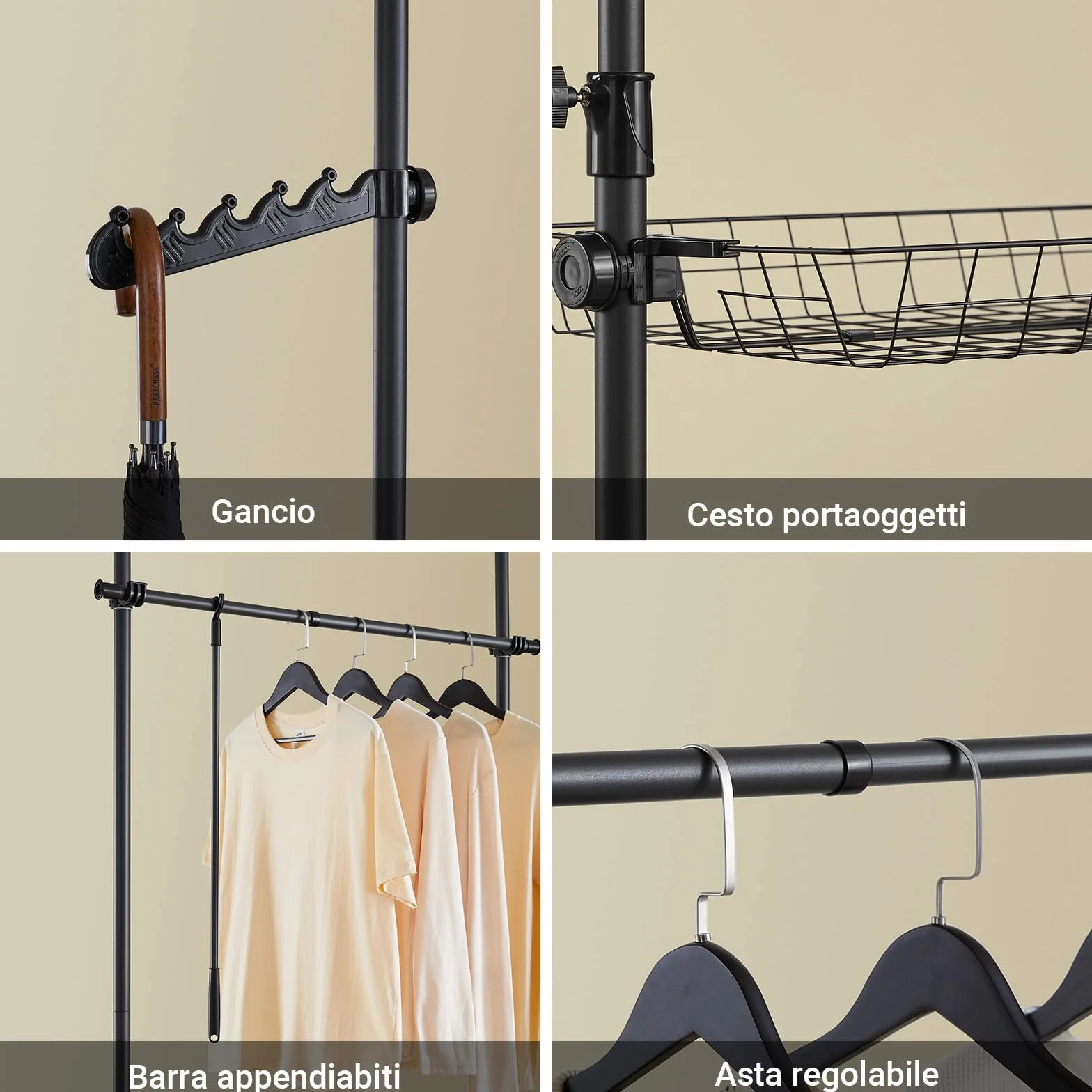 SoBuy Telescopic Appendiabiti da Terra, Robusto Stand Appendiabiti con Aste e Ripiani, Armadio Aperto Regolabile per Camera da Letto, Porta Abiti Nero KLS04-II-SCH