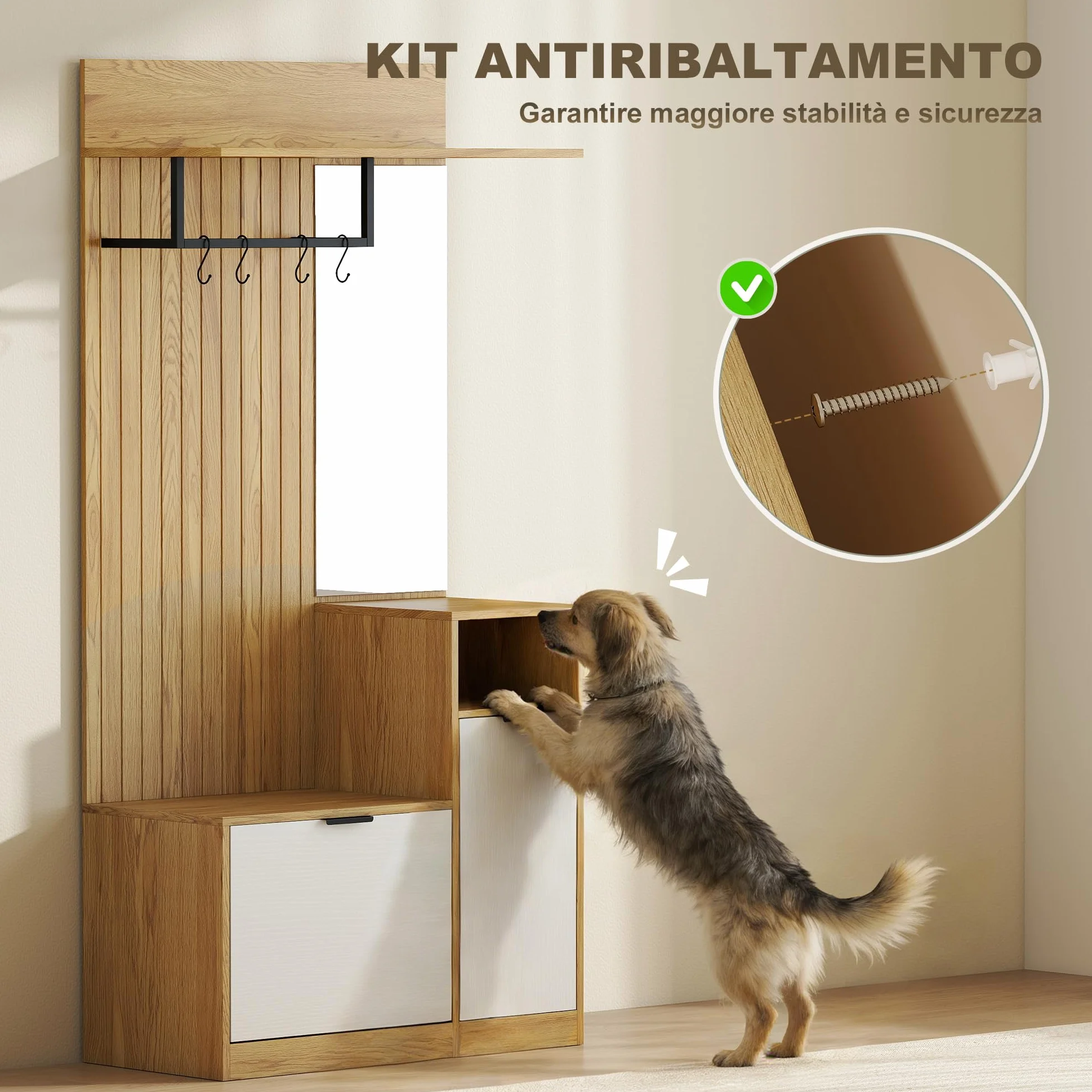 HOMCOM Appendiabiti da Ingresso con Specchio, 4 Ganci, Panca e Scarpiera, Mobile Appendiabiti con Armadietto e Ripiano Aperto, Gambe in Legno, per Ingresso Corridoio, Rovere e Bianco