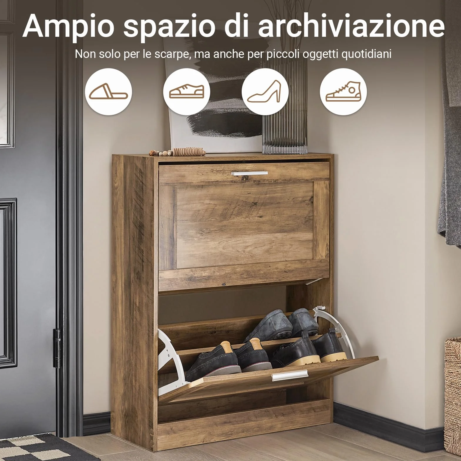 Scarpiera Salvaspazio Slim SoBuy 2 Ribalte 12 Paia 60x25x80cm Noce FSR137-F