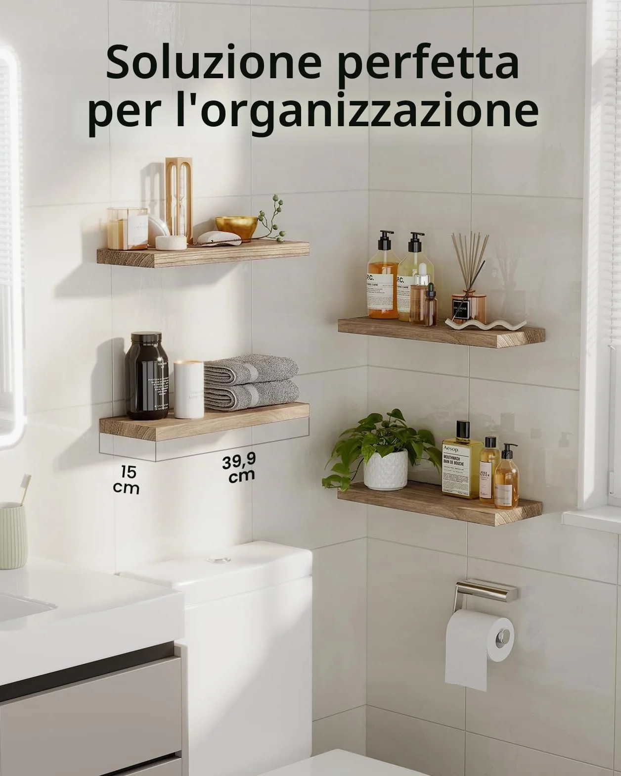 Pipishell Mensola da Muro 40 cm, Mensole in Legno di Paulownia Set da 4, Marrone Chiaro