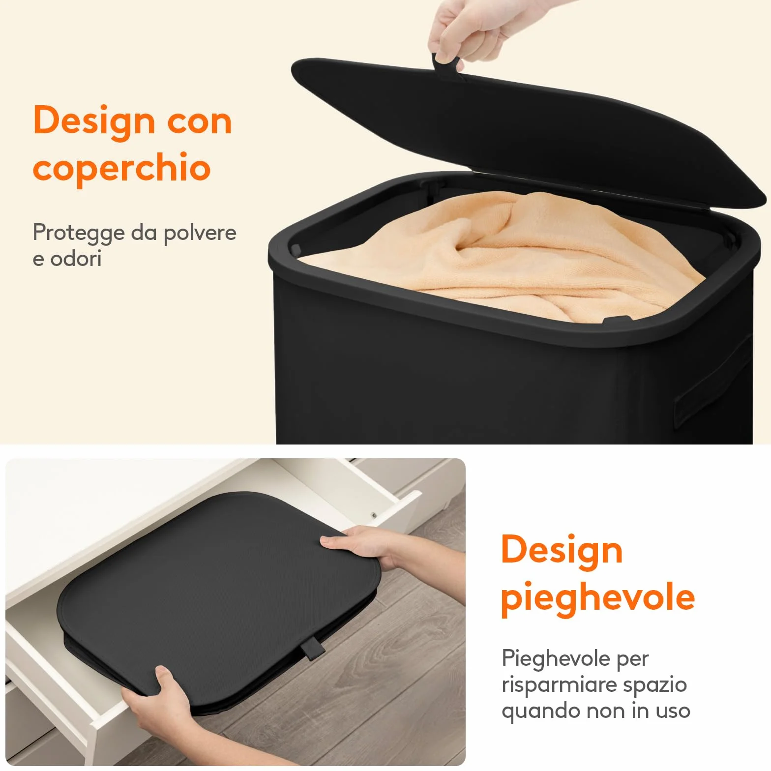 Lifewit Cesto Porta Biancheria Sporca con Coperchio e Ruote, Portabiancheria Pieghevole con Sacco Rimovibile, Laundry Basket per Camera da Letto, Bagno e Lavanderia, 85L, Nero