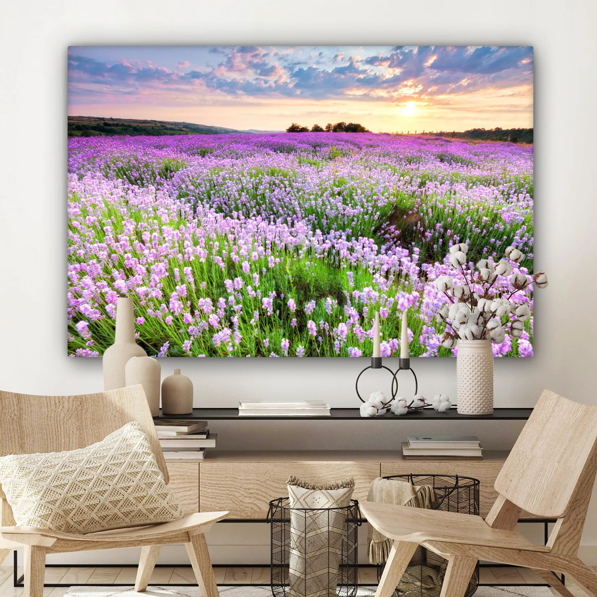 MuchoWow© Quadro su Tela 120x80 cm Stampe da Parete Quadri Cucina Camera da Letto Dipinto Arredamento Casa Fiori - Lavanda - Viola - Cielo - Tramonto - Prato - Natura