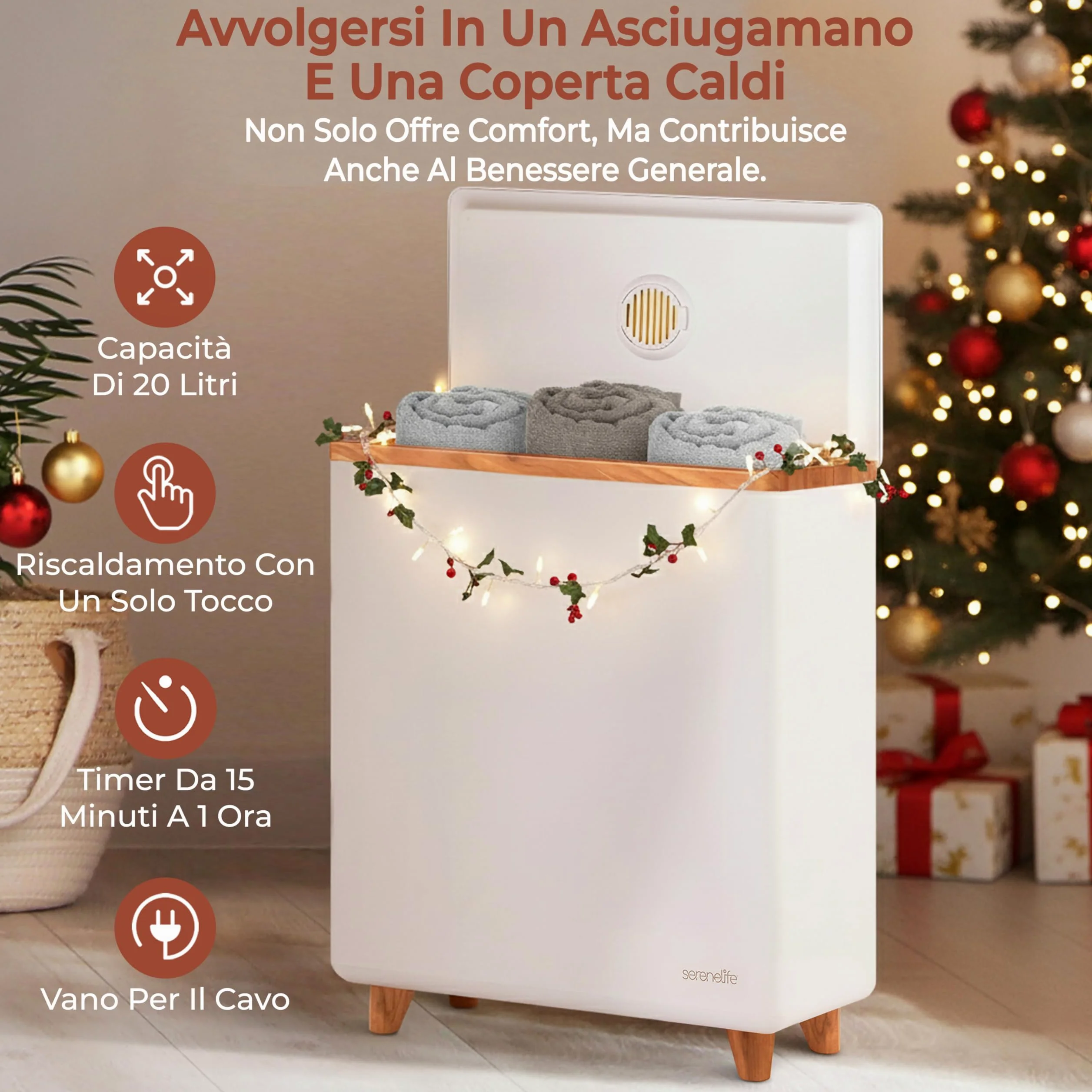 SereneLife Scaldasalviette Elettrico Bagno, Scaldasalviette Elettrico di Lusso con Secchio Rettangolare, Grande Capacità, Controllo Touch, ABS, Scaldasalviette Bagno per Asciugamani e Coperte