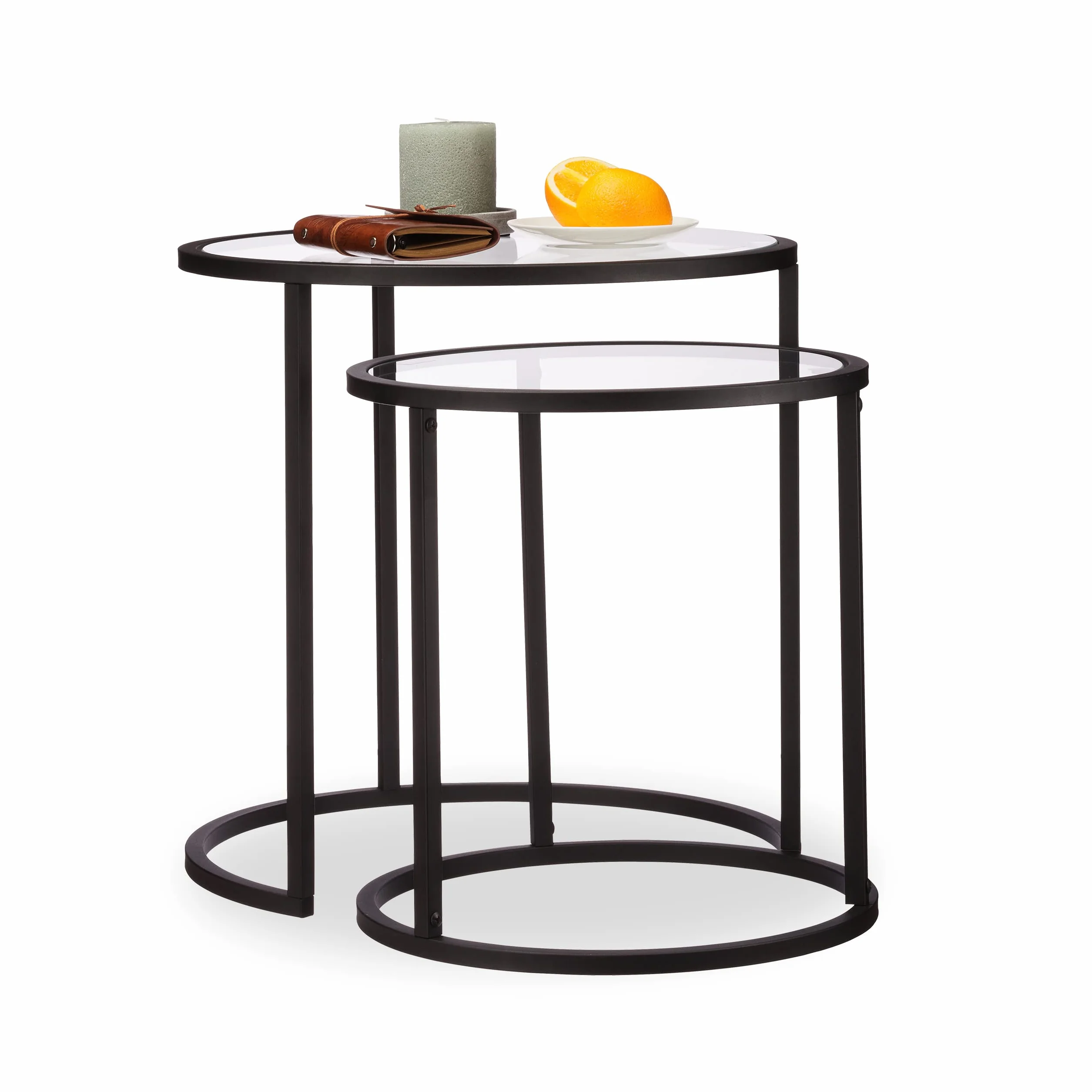 relaxdays Tavolino da Salotto, Set da 2, Portaoggetti da Divano, Superficie in Vetro, Modulari, HLP 50,5x50x50 cm, Nero, Acciaio, 5 x 50 x 50 cm