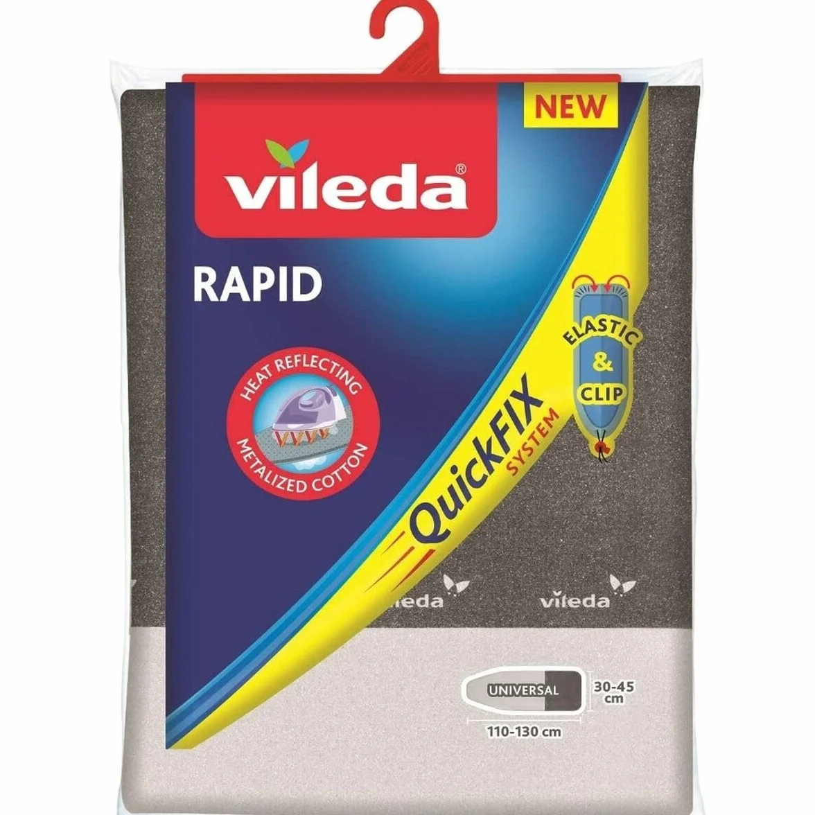 Vileda Rapid Copriasse Da Stiro Universale, In Cotone E Alluminio, Termoriflettente, Con Fermacorda, Grigio, 110-130 x 30-45 Cm