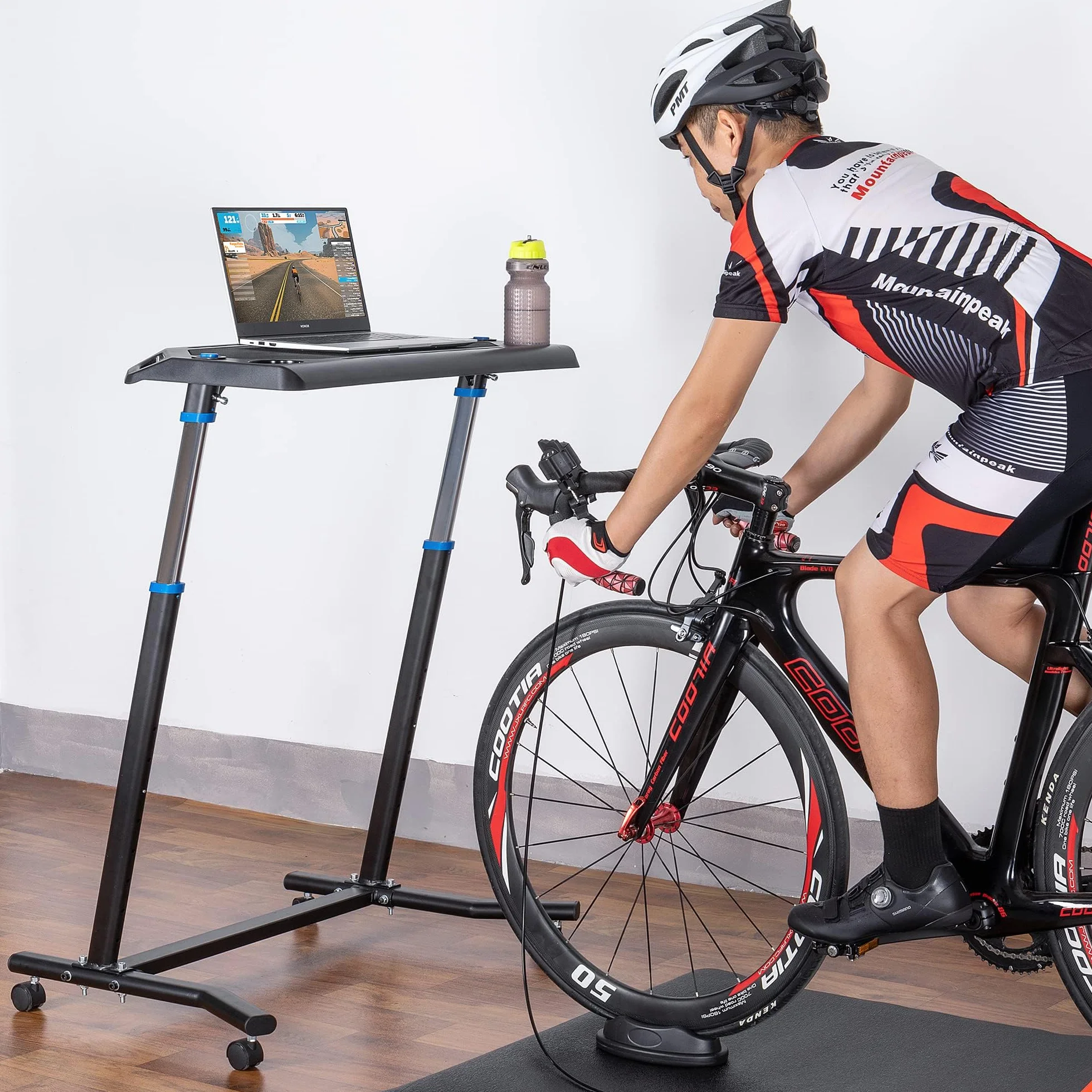 CXWXC Scrivania da allenamento per interni, supporto per computer regolabile in altezza con superficie antiscivolo, tavolo portatile per allenamento da bicicletta, tavolo fitness con ruote bloccabili