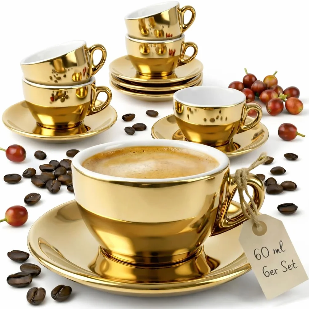 Tazzine da Caffè Espresso 60 ml in Porcellana Oro e Bianco Set da 6