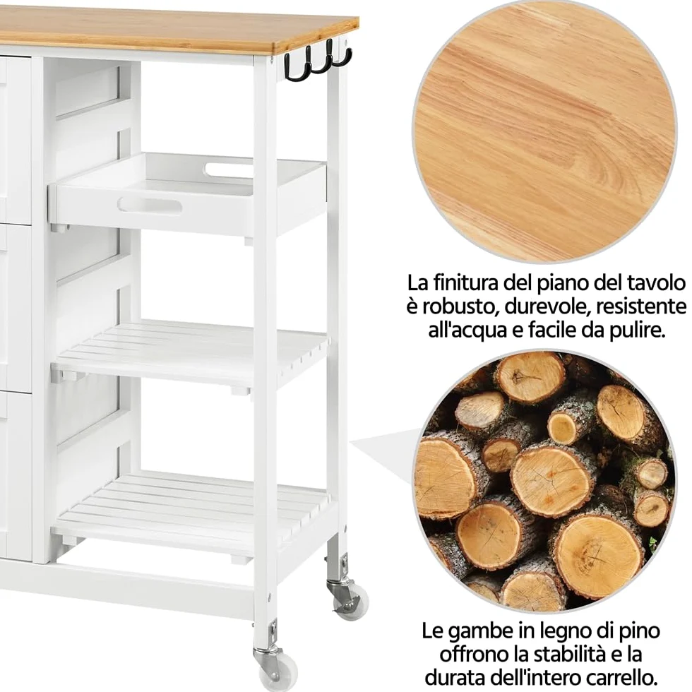 Yaheetech Carrello Cucina con Ruote 3 Cassetti 3 Ripiani in Legno Salvaspazio Bianco Porta Microonde Spezie 67cm x 37cm x 84,5 cm