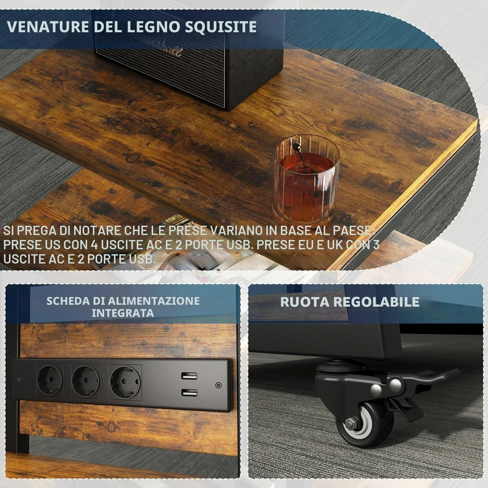 Mobile HIFI con ruote, Mobile Giradischi con 4 Ripiani e luce a LED, Supporto HIFI di altezza regolabile per Amplificatore/DVD Player/Sky Box