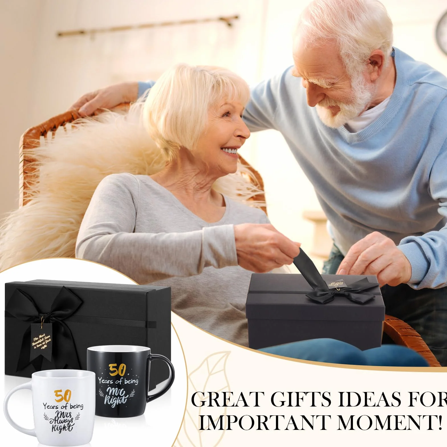 Geiserailie 2 Tazze Tazza di Ceramica 50 Years Mr and Mrs con Carte Coppie Divertenti Regali Natale Scatole Regalo Nere Matrimonio Fidanzamento Anniversario 380 ml