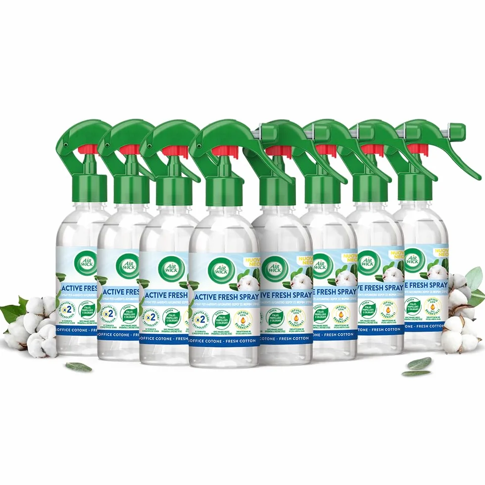 Airwick Profumatore per Ambienti, Confezione da 8 Spray da 250ml, Spray Active Fresh al Profumo di Cotone, Deodorante Ambiente