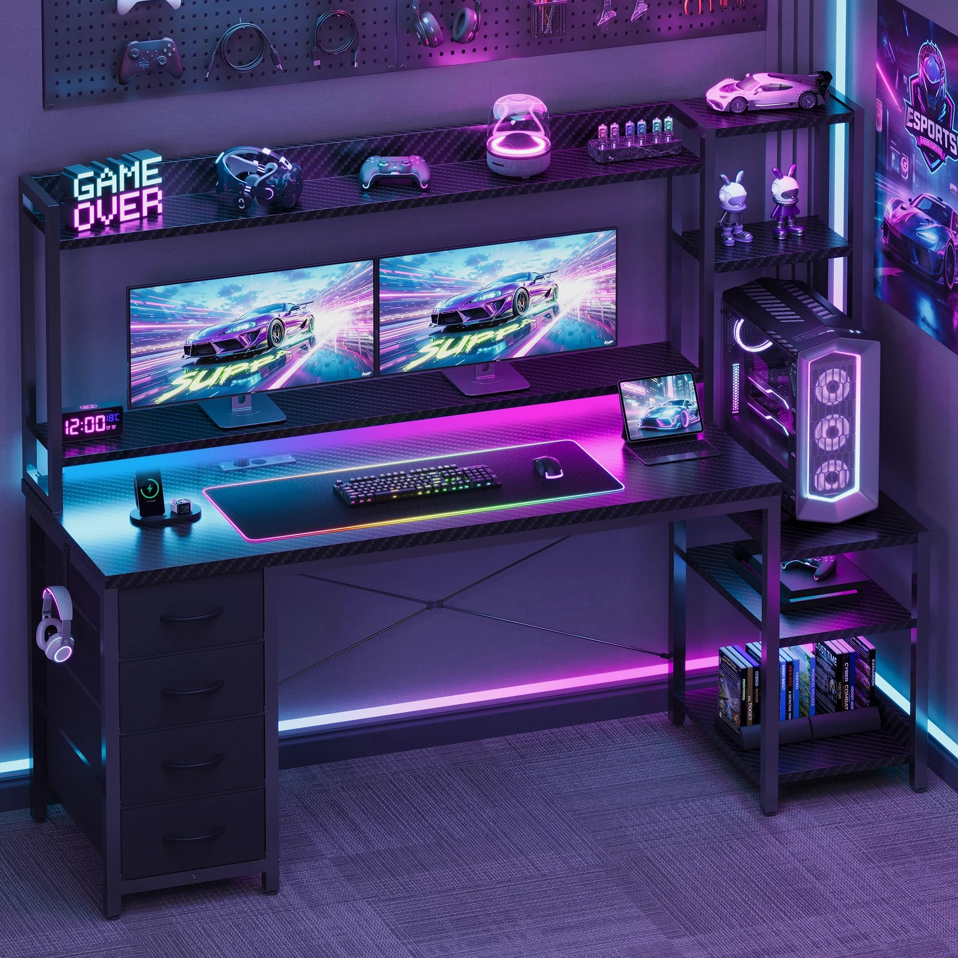 YOUDENOVA Scrivania da gioco con cassetti e ripiano, 150 x 48 cm, tavolo da gaming con LED, presa e USB, scrivania per computer con supporto per monitor, ripiani e supporto per cuffie, fibra di