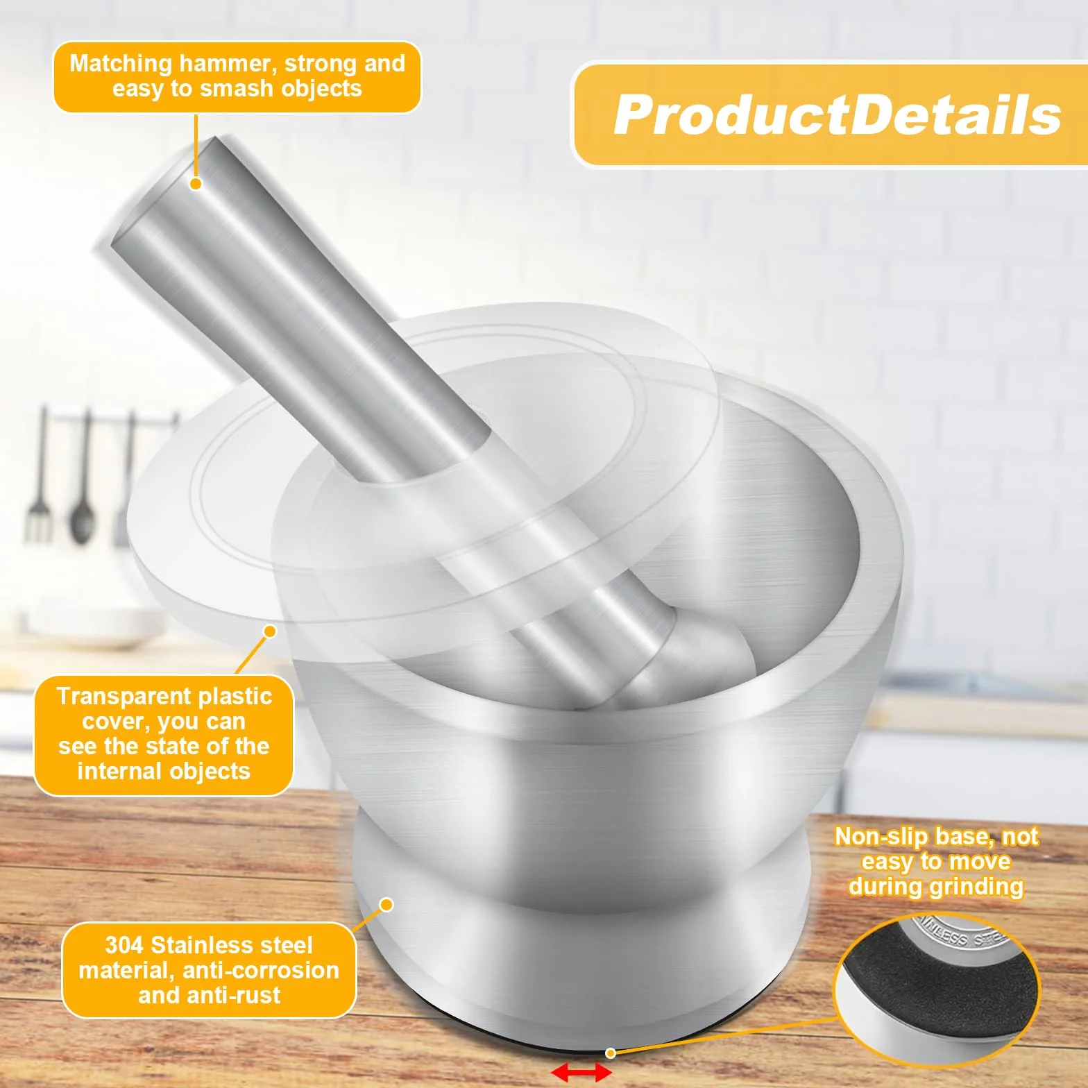 Xpieoyrm Mortaio con Pestello, Acciaio Inossidabile Mortaio e pestello ciotola per smerigliatrice con Coperchio in Silicone, piccolo mortaio da cucina con pestello, Trita Spezie, Erbe, Guacamole