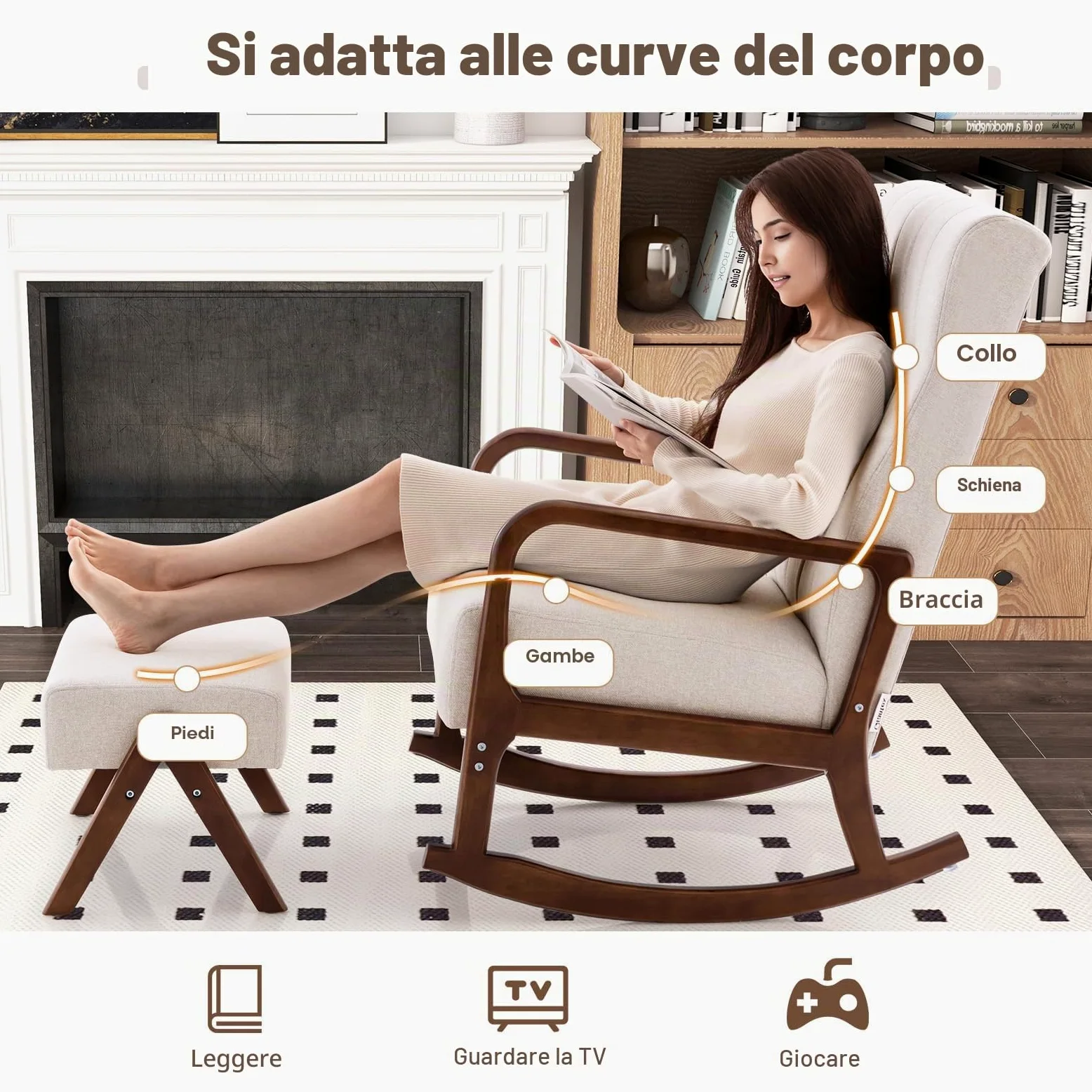 HOMASIS Sedia a Dondolo con Poggiapiedi, Set da Poltrona a Dondolo con Braccioli e Struttura in Legno Massello, Sedia Allattamento per Camera da Letto, Salotto, Fino a 150 kg, 97x65x104cm (Beige)