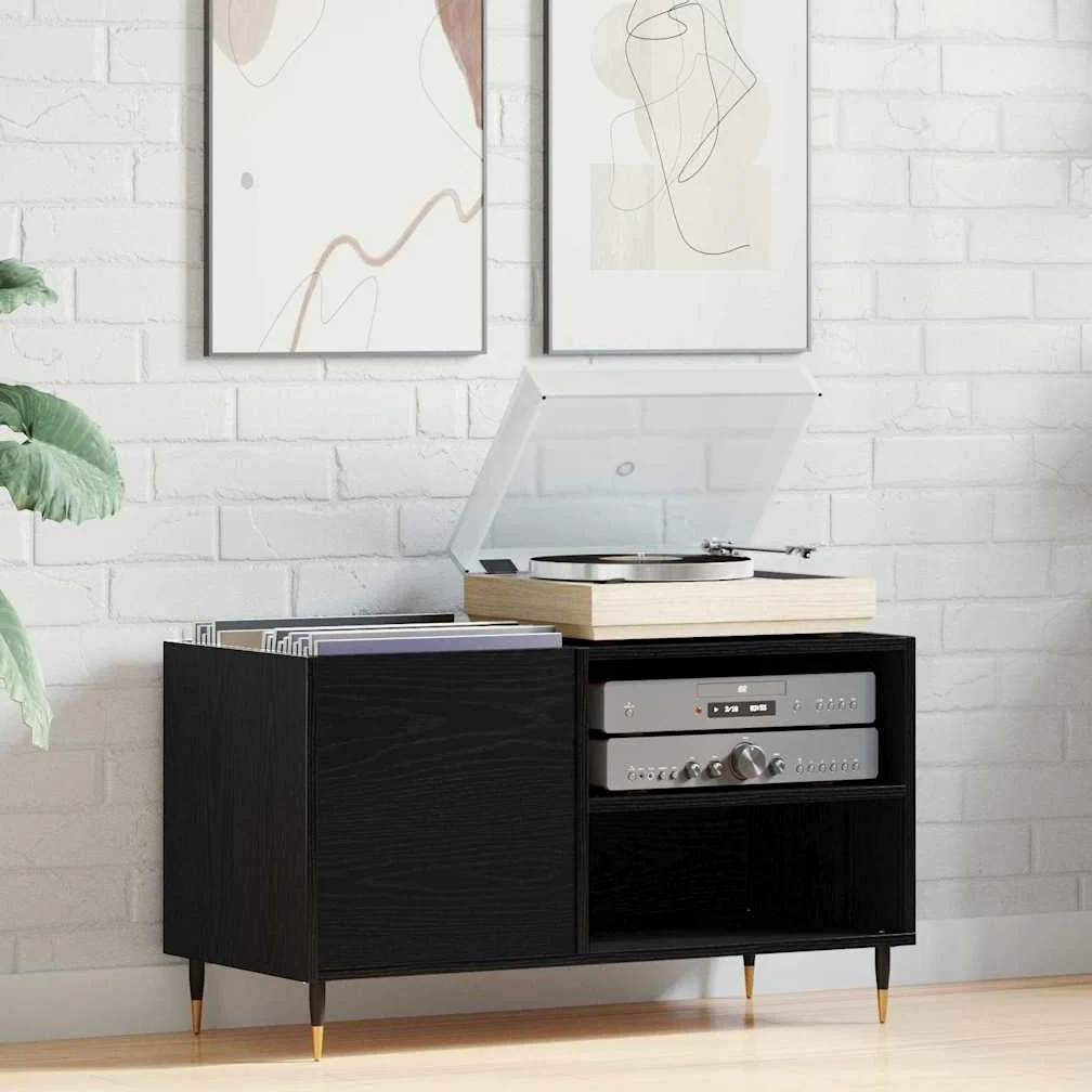 Armadietto per vinili, effetto rovere, 85 x 38 x 48 cm, in legno con 3 ripiani, porta con cerniere, stabile rack HiFi per soggiorno, ufficio e home theatre