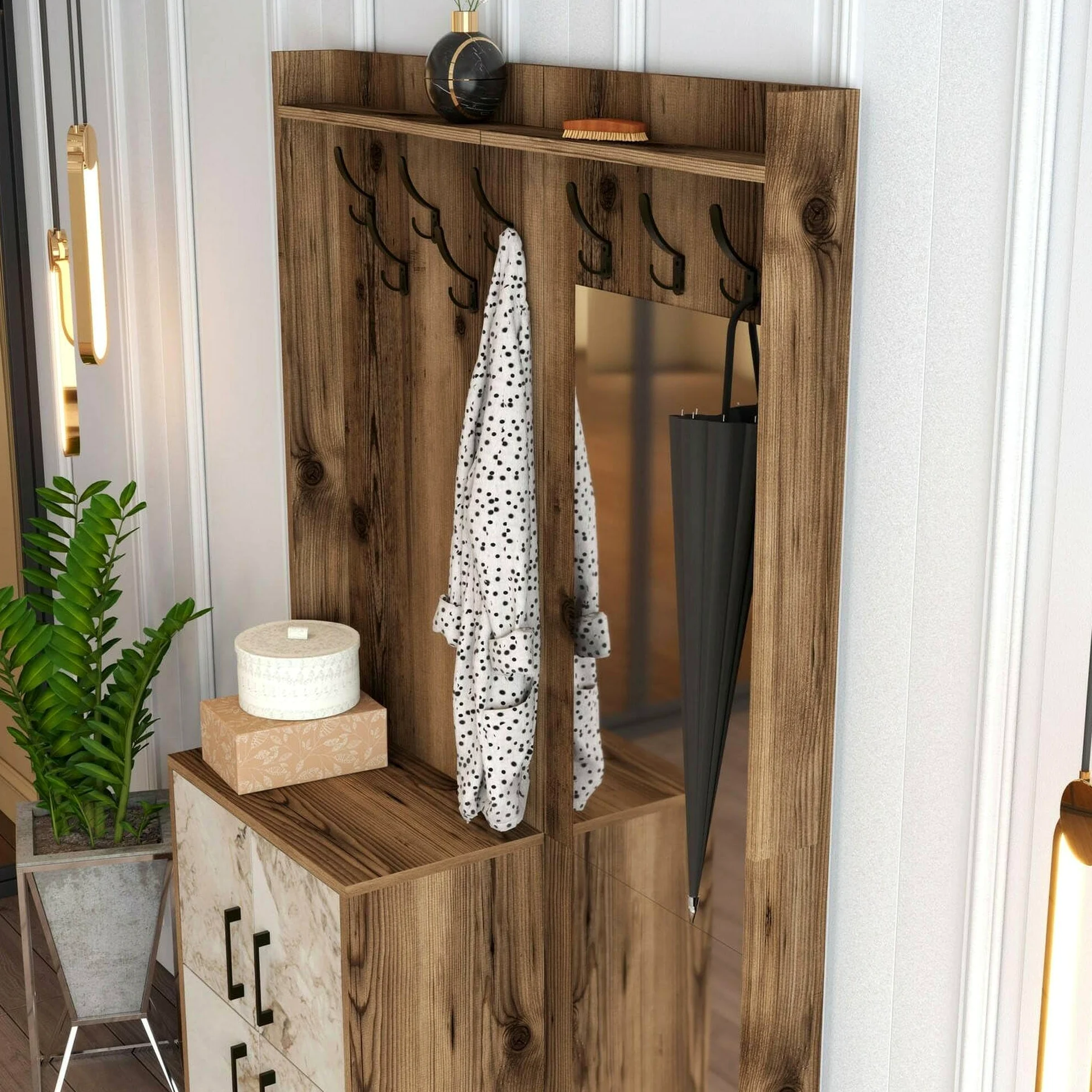Dmora - Mobile da ingresso Pollux, Entratina appendiabiti, Composizione per atrio, Consolle portaoggetti multifunzione, 120x35h200 cm, Noce e Bianco