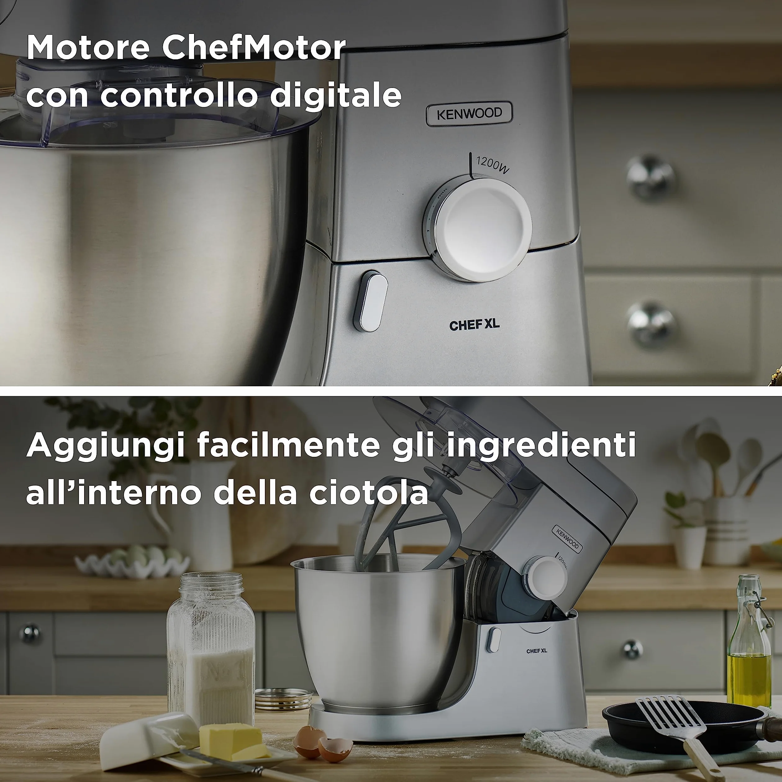 Kenwood KVL4100S Impastatrice Planetaria Chef XL con Ciotola da 6,7L, 3 Ganci di Miscelazione, Personalizzabile con oltre 25 Accessori Opzionali Acquistabili Separatamente, Potenza 1200W, Silver
