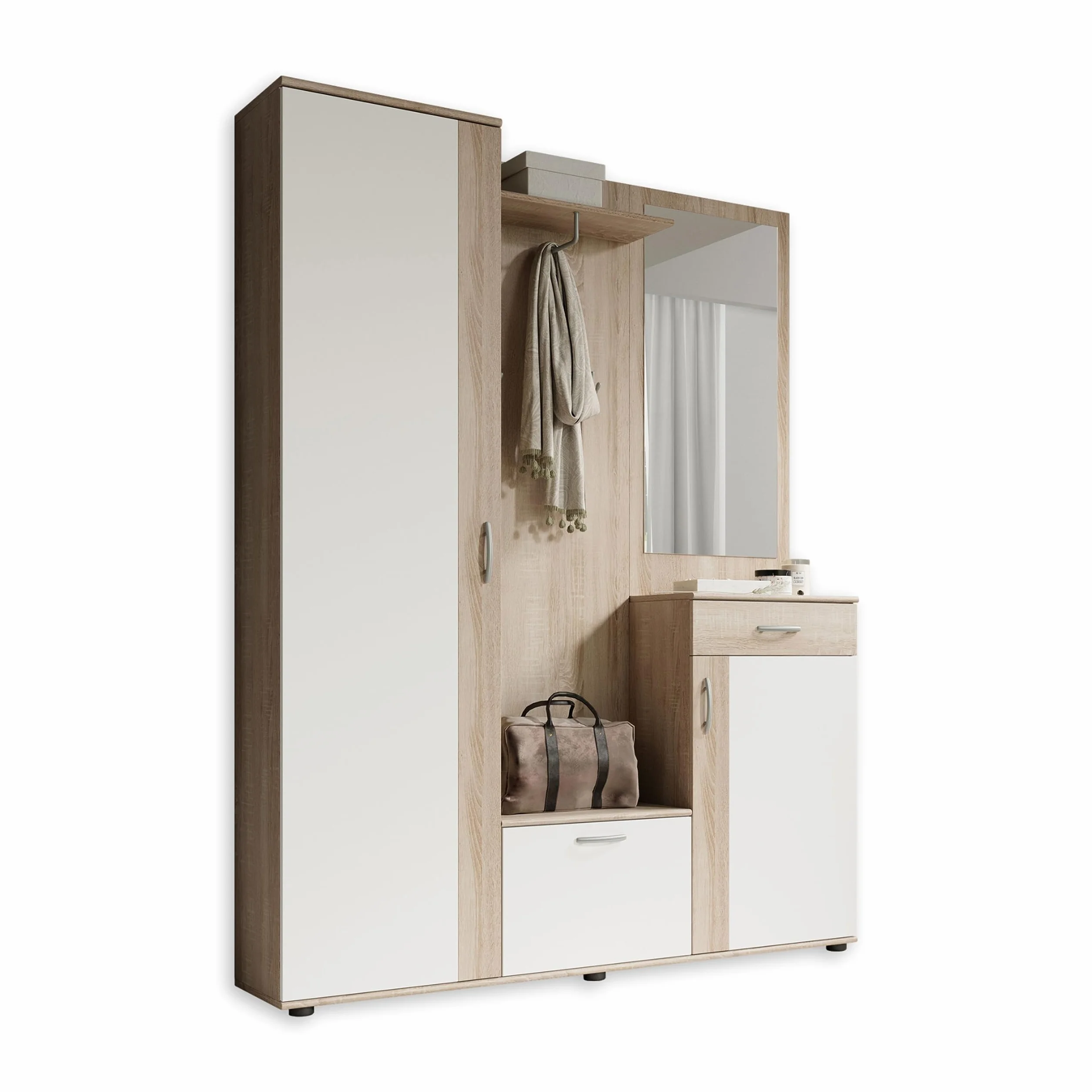 Stella Trading, PATENT Set mobili da ingresso in rovere sonoma, bianco, moderno con specchio, 145 x 184 x 29 cm