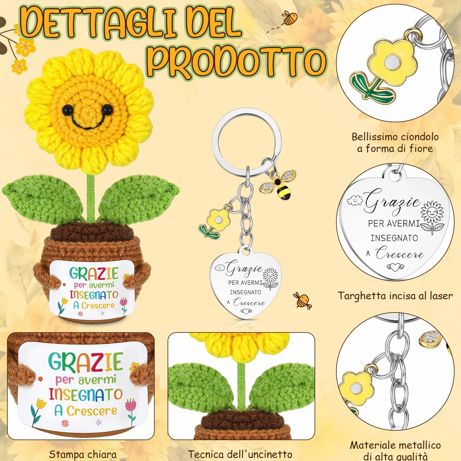 Zomiboo 2 Set Regali di Apprezzamento per Insegnanti Geazie per Avermi Insegnato a Crescere Bambola Girasole Positiva Portachiavi Maestra Biglietti di Auguri con Fiori Secchi Regalo Maestre Asilo