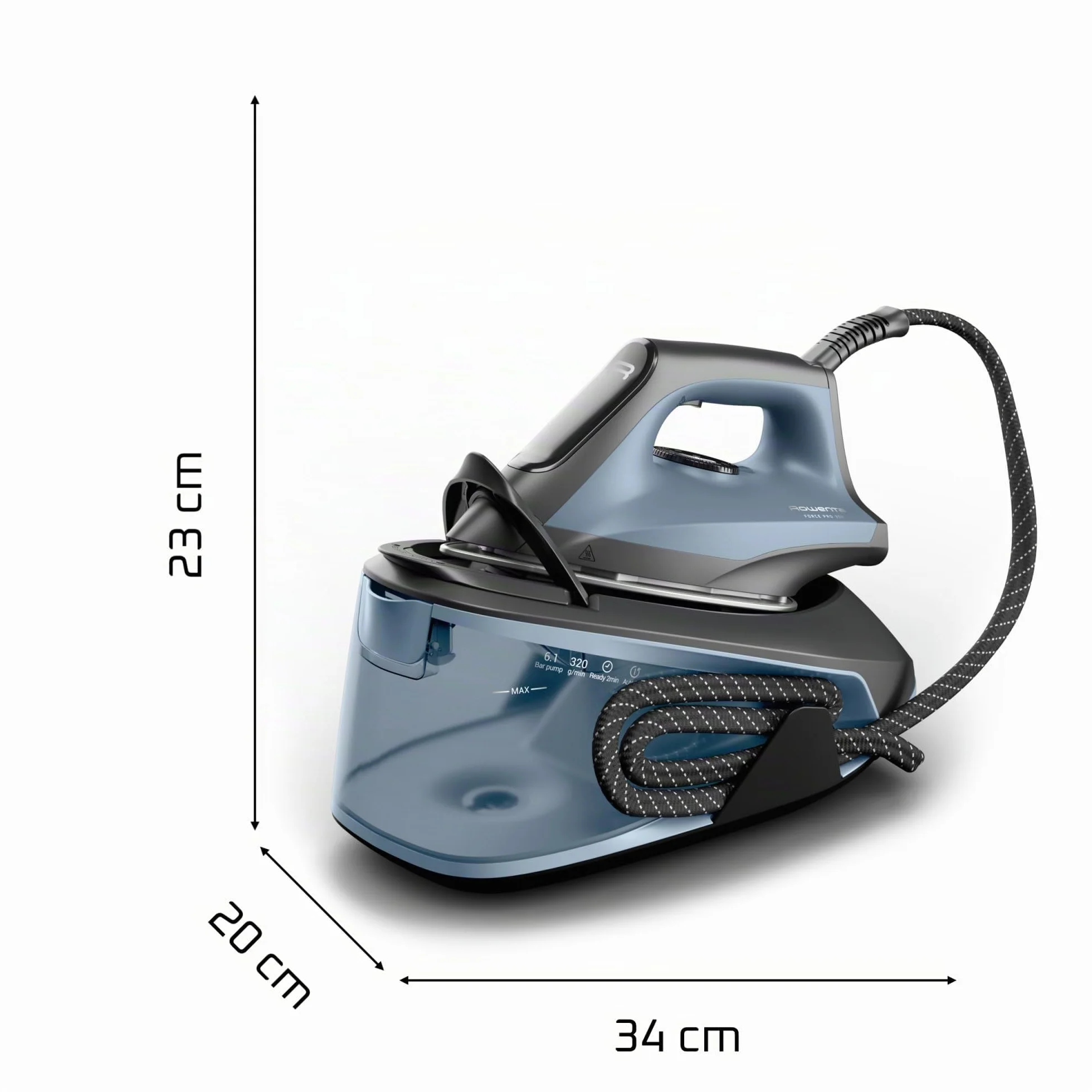 Rowenta Force Pro 300, Ferro da Stiro con Generatore di Vapore 320 g/min, Alta Pressione 6.1 Bar, -25% di Consumo Energetico in Modalità Eco, Funzione Verticale, 2400W, VR5431, Color Acqua