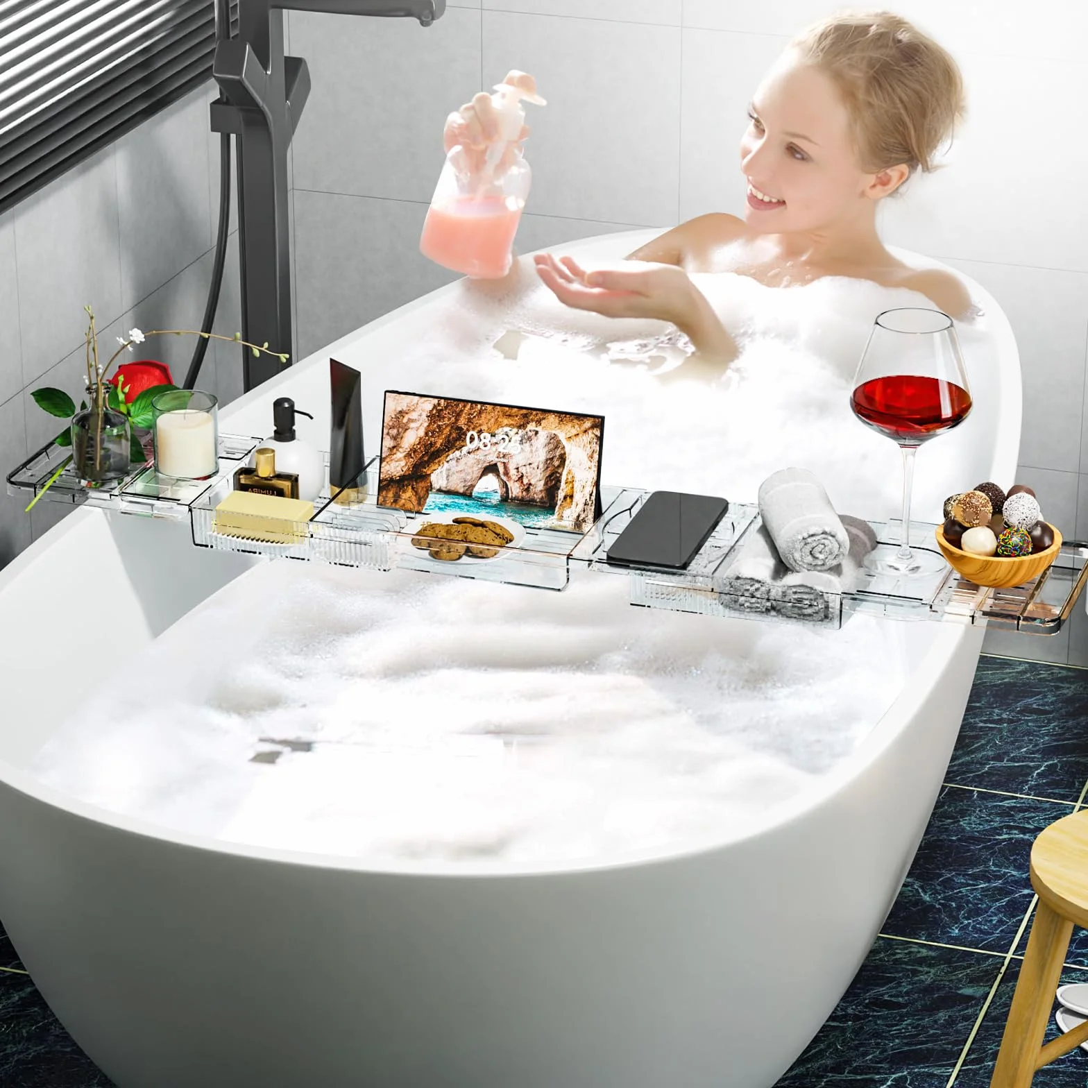 Vassoio per Vasca da Bagno Allungabile in Plastica Trasparente 80-120cm - Mensola con Porta Libro, iPad, Candela - Accessori Relax