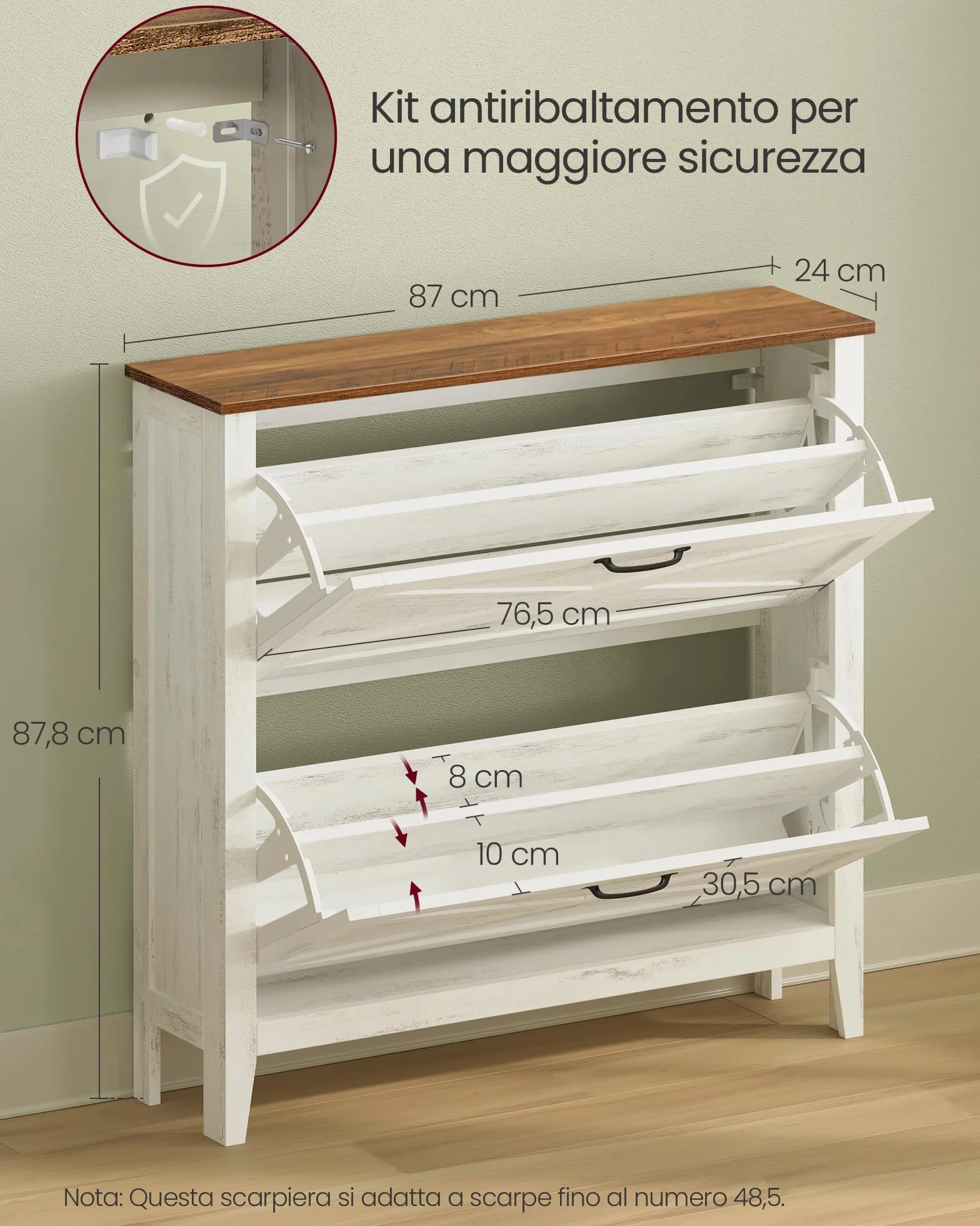 VASAGLE LIRY Collezione Scarpiera con 2 Scomparti a Ribalta Slim Bianco Vintage