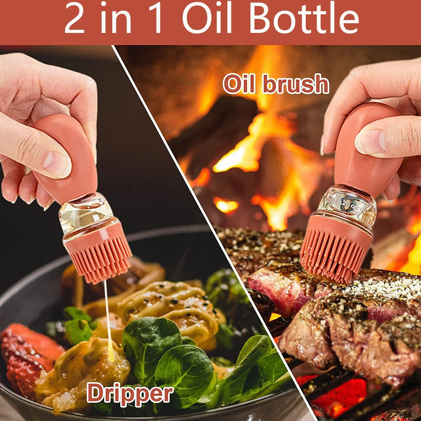 2pcs Bottiglia di Olio con Pennello in Silicone,180ml 2 in 1 Bottiglia di Erogatore di Olio con Spazzola Distributore di Olio in Vetro per Cucina Barbecue Pasticceria (blu+rosso)