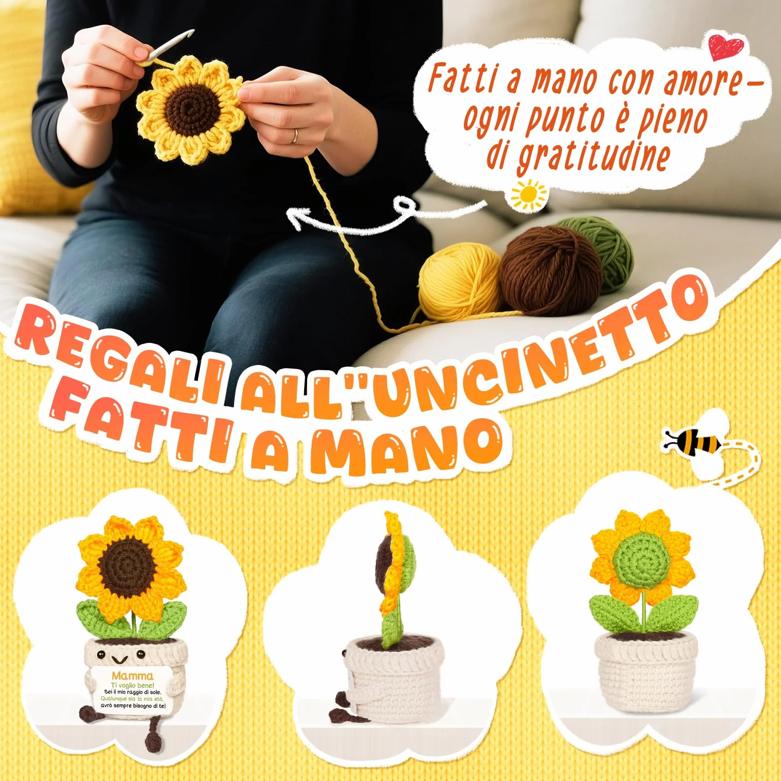 Girasole Amigurumi Decorativo Fatto a Mano 6x6x14cm Regalo Mamma Compleanno Idea Regali Madre Originali