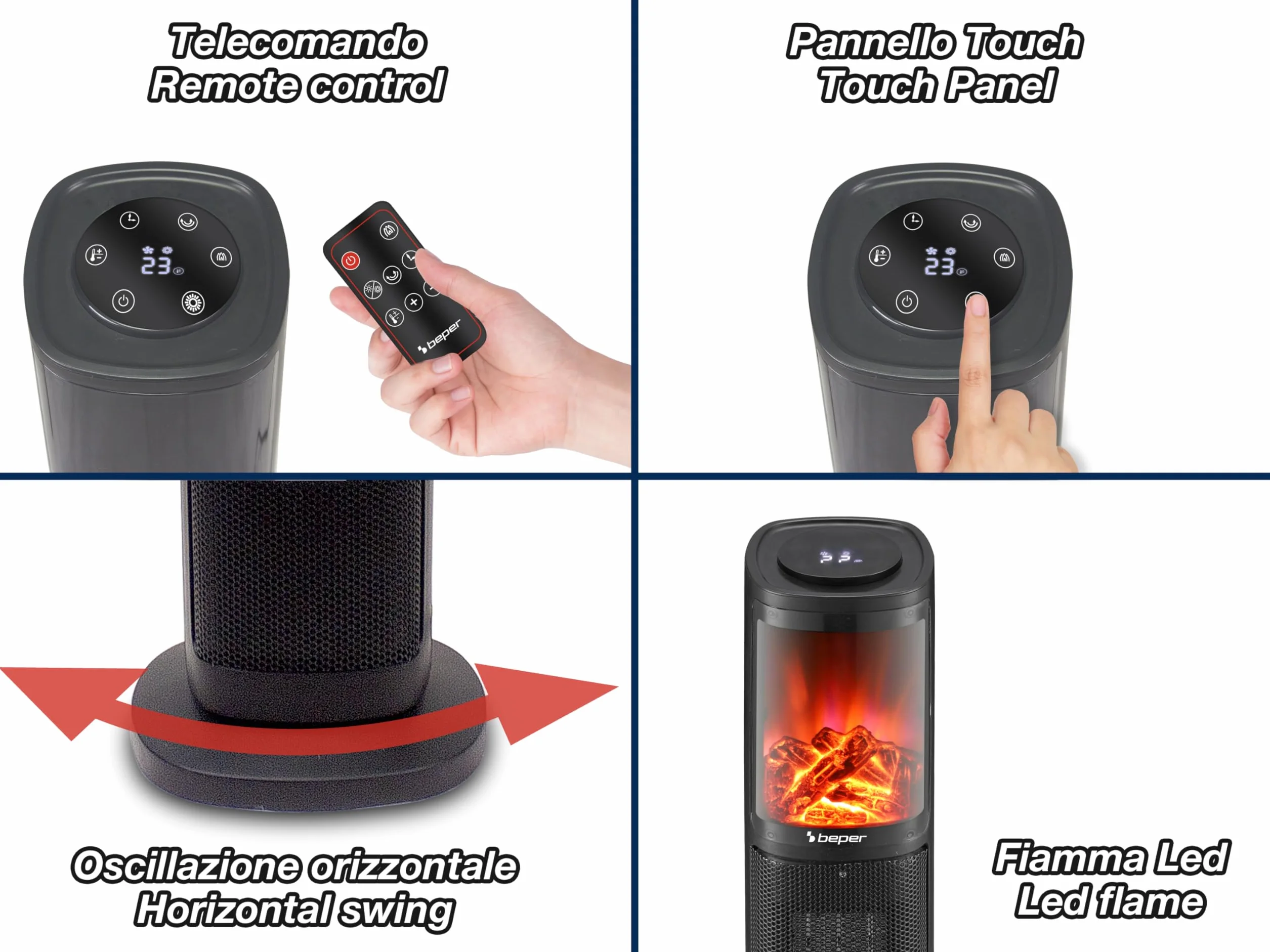 BEPER P203TER010 Termoventilatore ceramico a colonna, 2000w, Pannello di controllo touch, Fiamma LED, Telecomando incluso, Nero