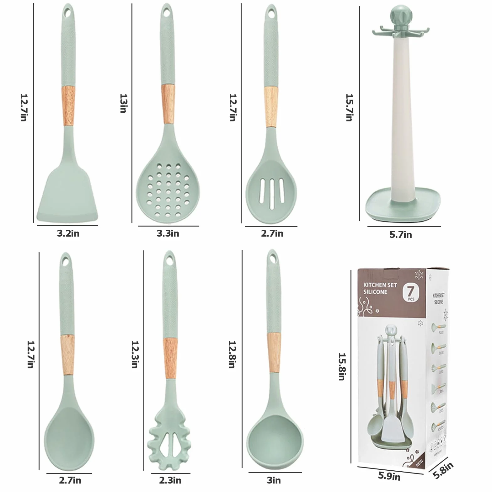 AVEKI Set di utensili da cucina in silicone 7 pezzi con supporto girevole resistenti al calore verde
