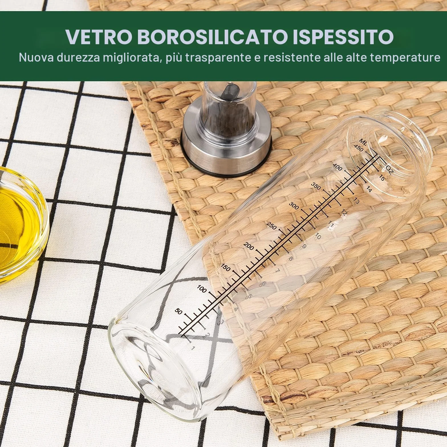 Hotder 2 bottiglie di olio da cucina con drizzler, 500 ml, in vetro, collo largo, facile da riempire e pulire, dispenser di olio a prova di perdite per olio d'oliva e aceto