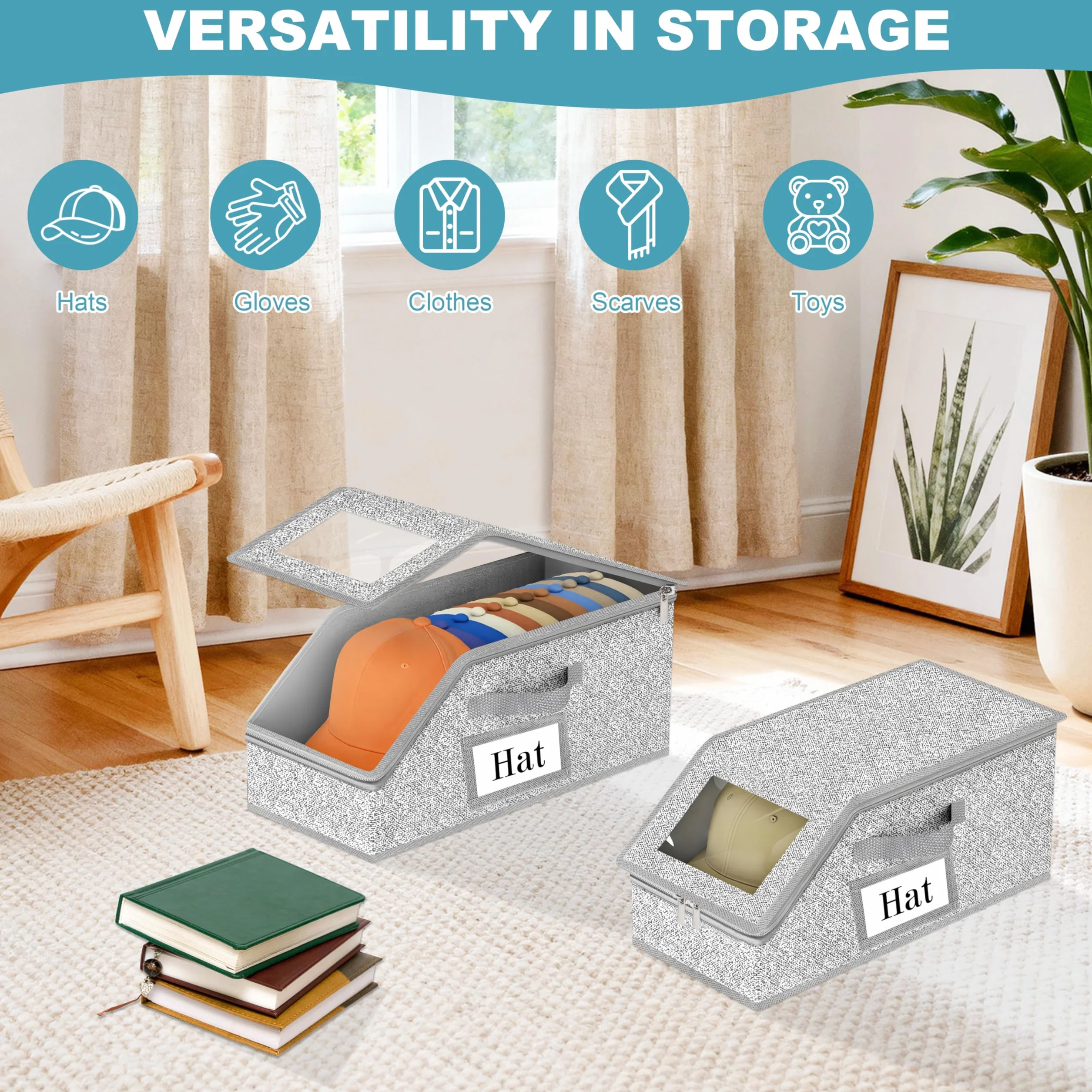 Organizzatore Porta Cappelli Pieghevole Anti-Polvere Grande Capacità con Chiusura a Zip 2 Pezzi Grigio