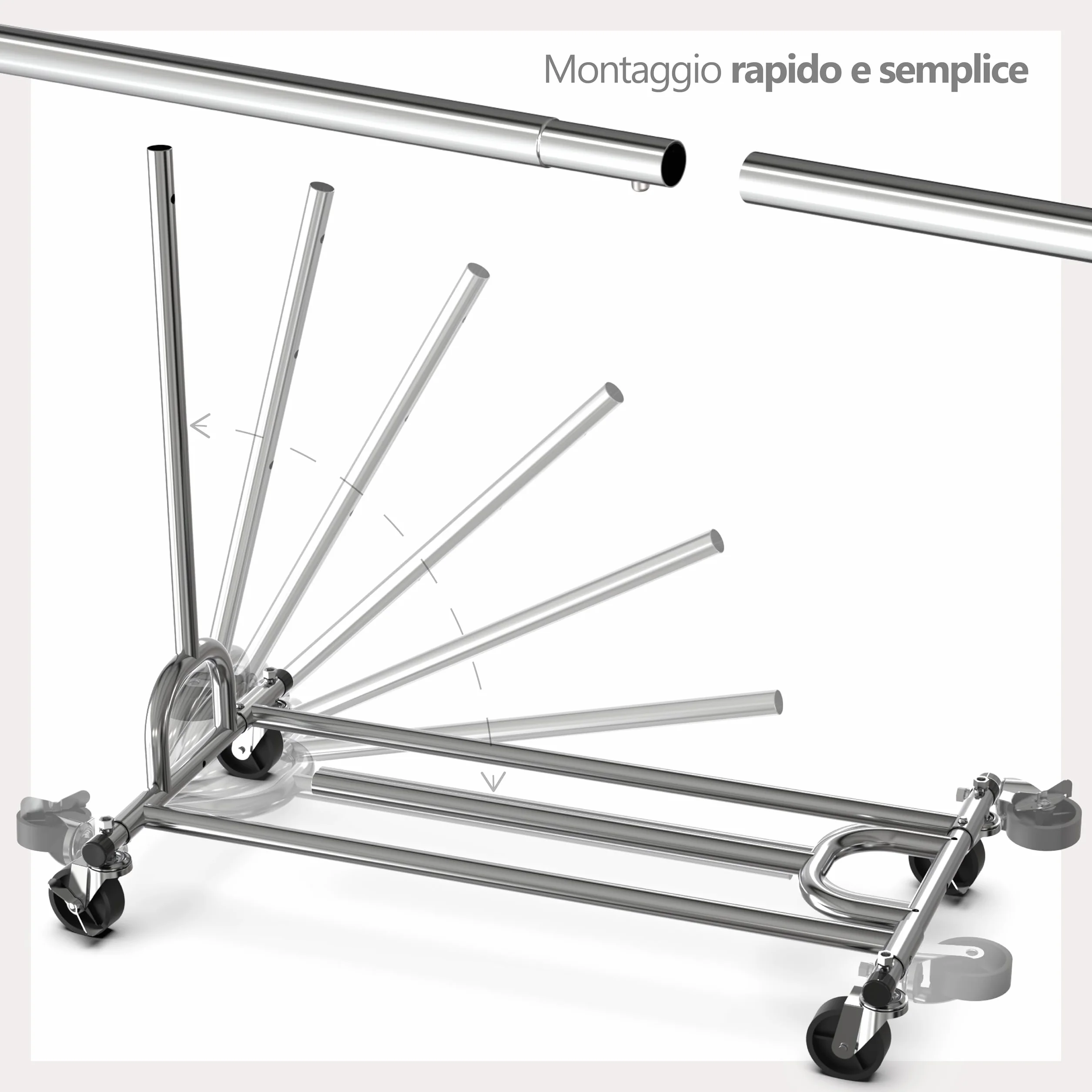 PORTENTUM Stand appendiabiti da terra robusto estensibile con ruote e freni – Fino a 180 kg – Porta abiti in acciaio 45 x (92-132) x 161,5 cm – Ripiano inferiore