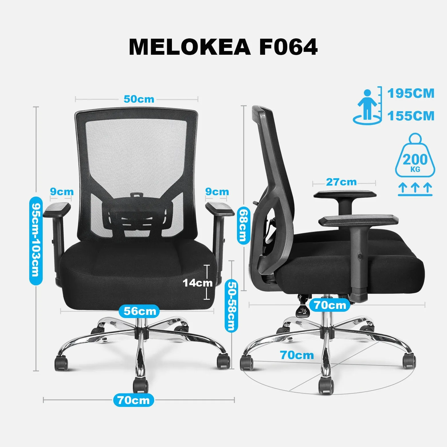 MELOKEA Sedia Ufficio Ergonomica XXL, Big & Tall con Seduta a Molle | 200kg Portata, Schienale Alto, Seduta Extra Larga 14cm, Ruote in Gomma, Sedia Gaming