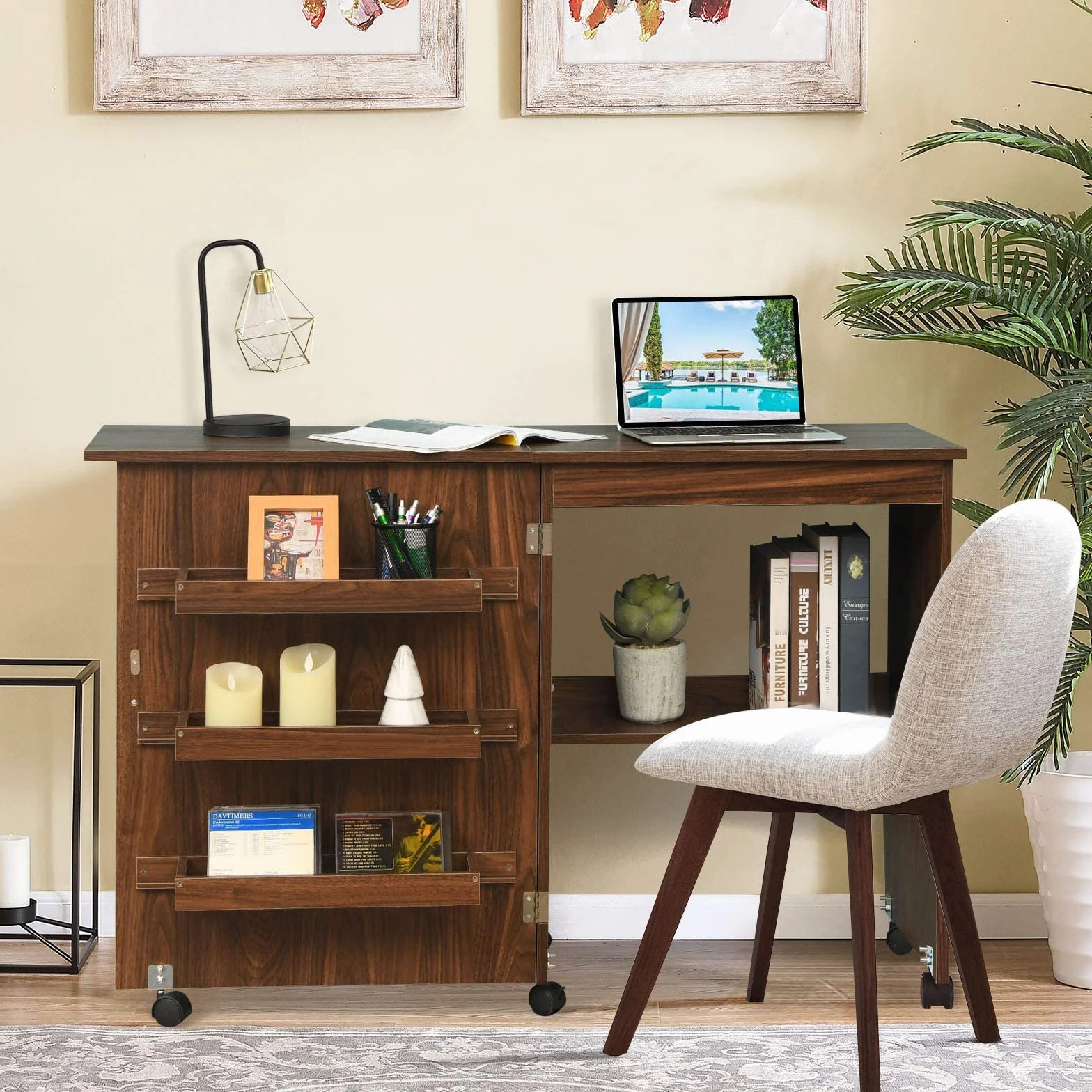 RELAX4LIFE Mobiletto per Macchina da Cucire Pieghevole su Ruote Bloccabili, Tavolo da Cucito in Legno 117,5x40x77cm Marrone