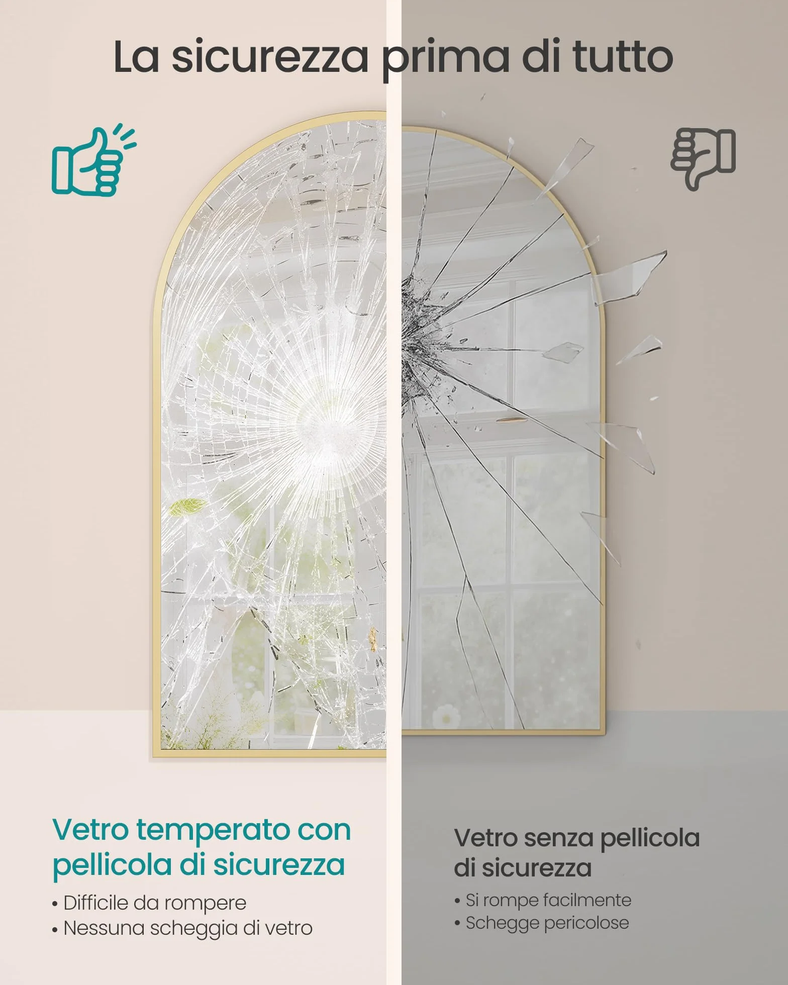 SONGMICS Specchio Bagno, Specchio da Parete, ad Arco, Cornice in Alluminio, 91 x 61 cm, Pellicola di Sicurezza, Facile da Montare, Soggiorno Camera da Letto, Oro Pallido LWM011AB01