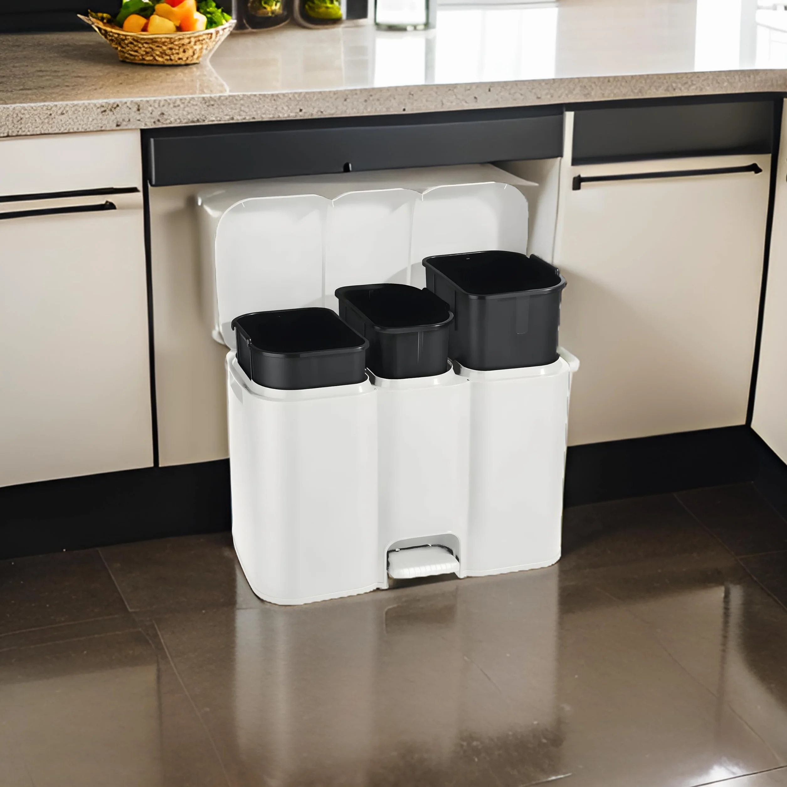 BuyStar Pattumiera Differenziata Bianca da 13+8+13 Litri Struttura Unica con Pedale e Secchi Estraibili 58.5x32xh41.5cm + Etichette Adesive per Differenziare il Riciclaggio