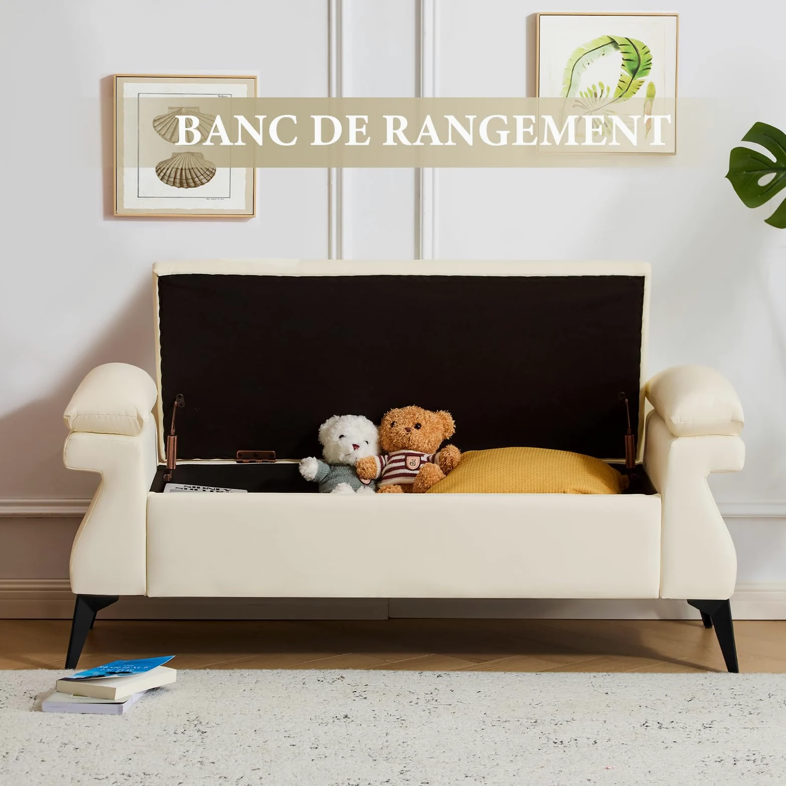 Panca Contenitore Camera da Letto 128x44x53cm, Panca Fondo Letto Matrimoniale, Cassapanca Pouf Organizzatore Ottomano in Pelle PU per Camera da Letto Soggiorno Ingresso, Beige