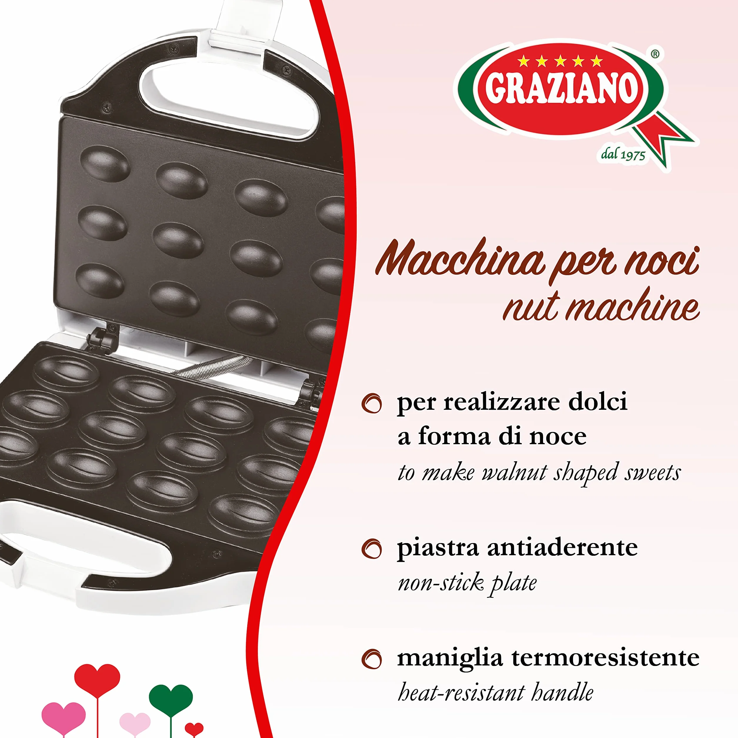 Graziano, Macchina per Noci, Macchina per Realizzare Dolci a Forma di Noci, Dotata di Piastra Antiaderente, Maniglia Termoresistente e Spie Luminose, 750W