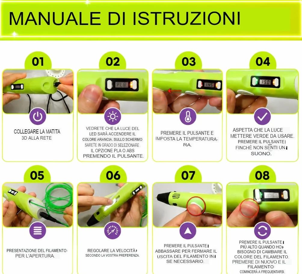 Penna 3D con filamento PLA, display LCD, temperatura e velocità regolabili, borsa per trasporto