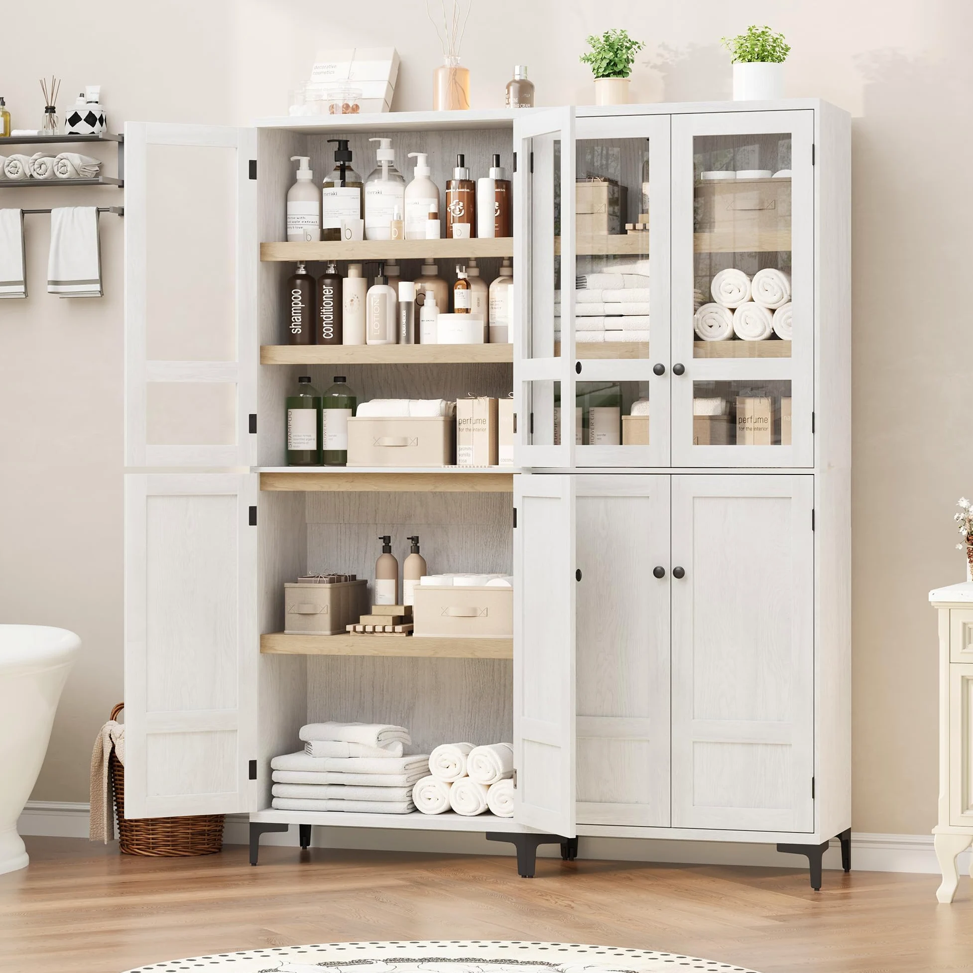 Mobile credenza ingresso alto 180 cm - 5 ripiani regolabili, ante in vetro - Armadio dispensa multiuso per cucina e bagno - Finitura bianco antico con interno legno naturale - Ante in vetro,
