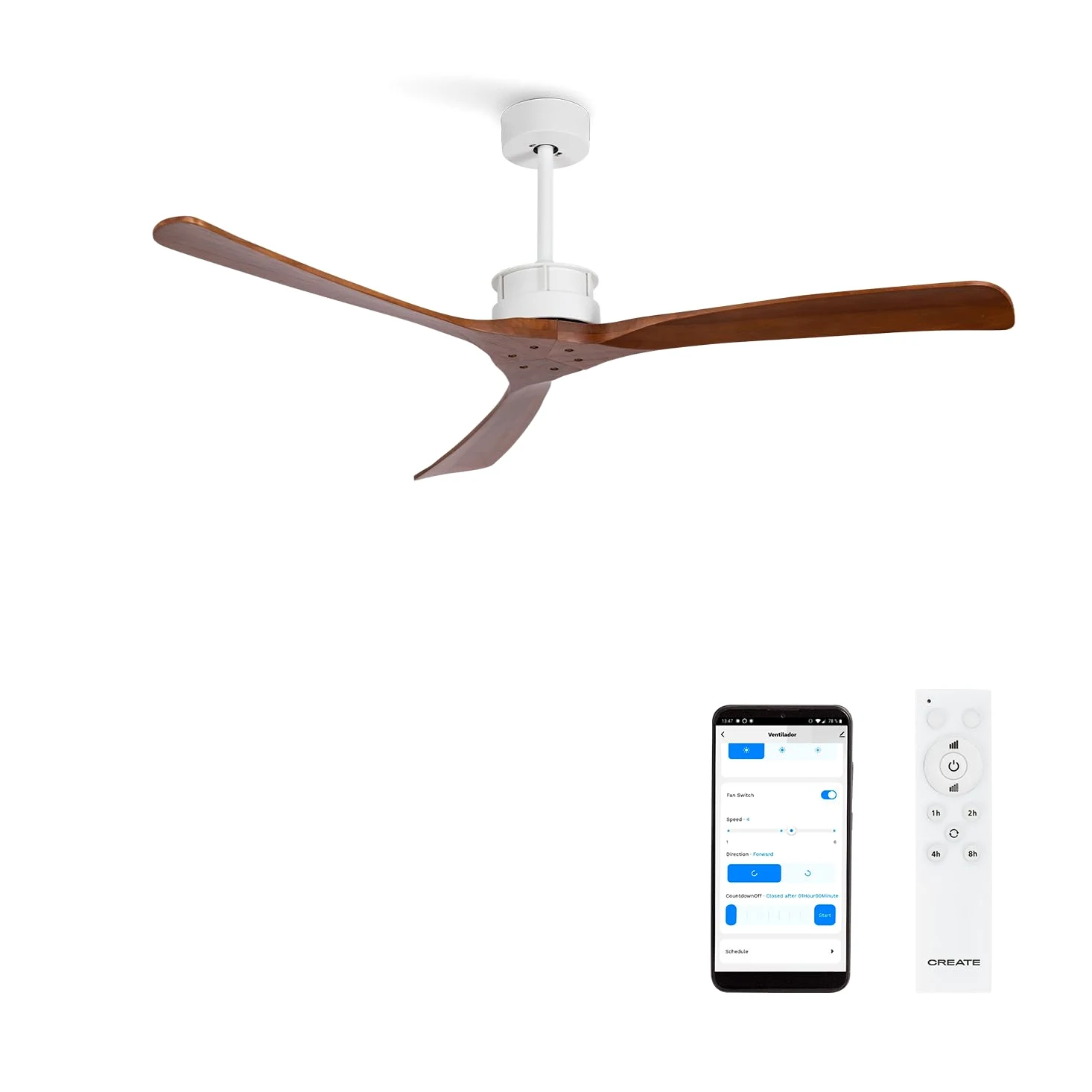CREATE / WIND LARGE DC/Ventilatore da soffitto Bianco e pale Legno scuro con WIFI / 6 velocità, silenzioso, programmabile, due altezze