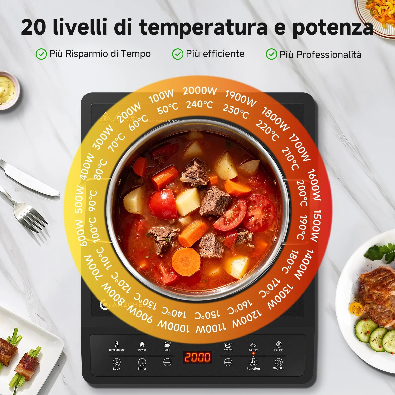 AMZCHEF Piastra a Induzione Portatile, 20 Impostazioni, Design Sottile, Ceramica Nera, Timer 3H